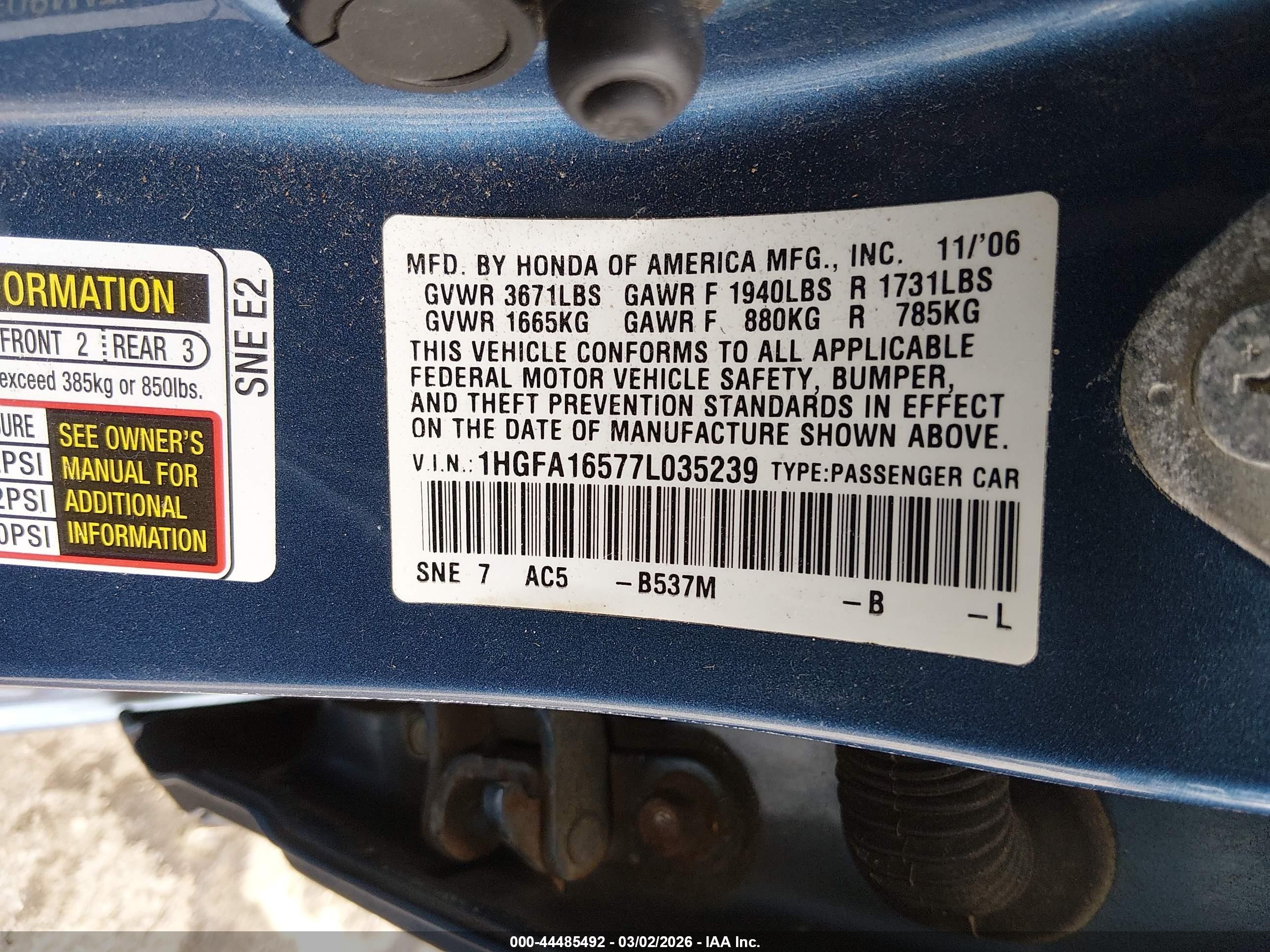2007 Honda Civic Lx Blue vin: 1HGFA16577L035239