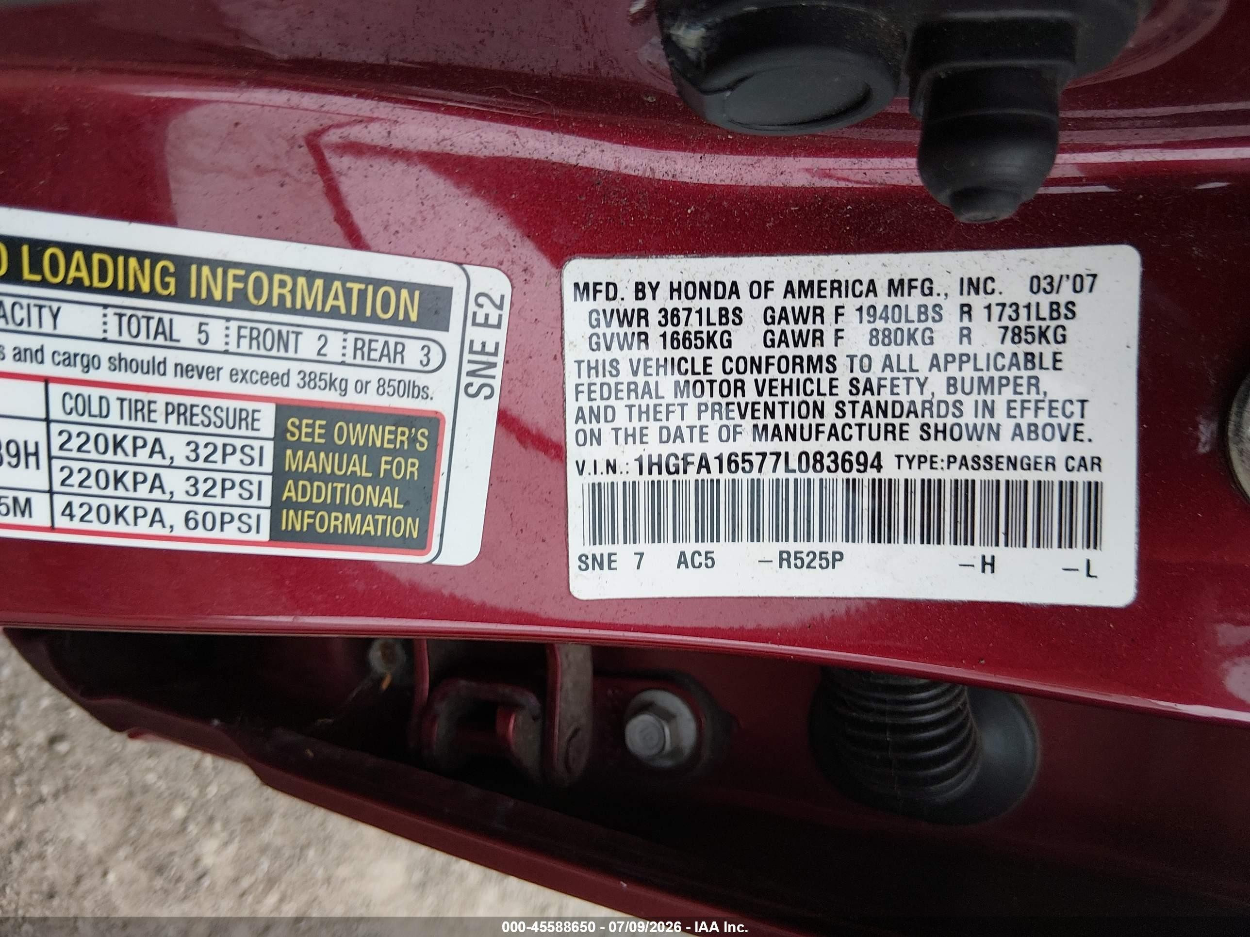 2007 Honda Civic Lx Red vin: 1HGFA16577L083694