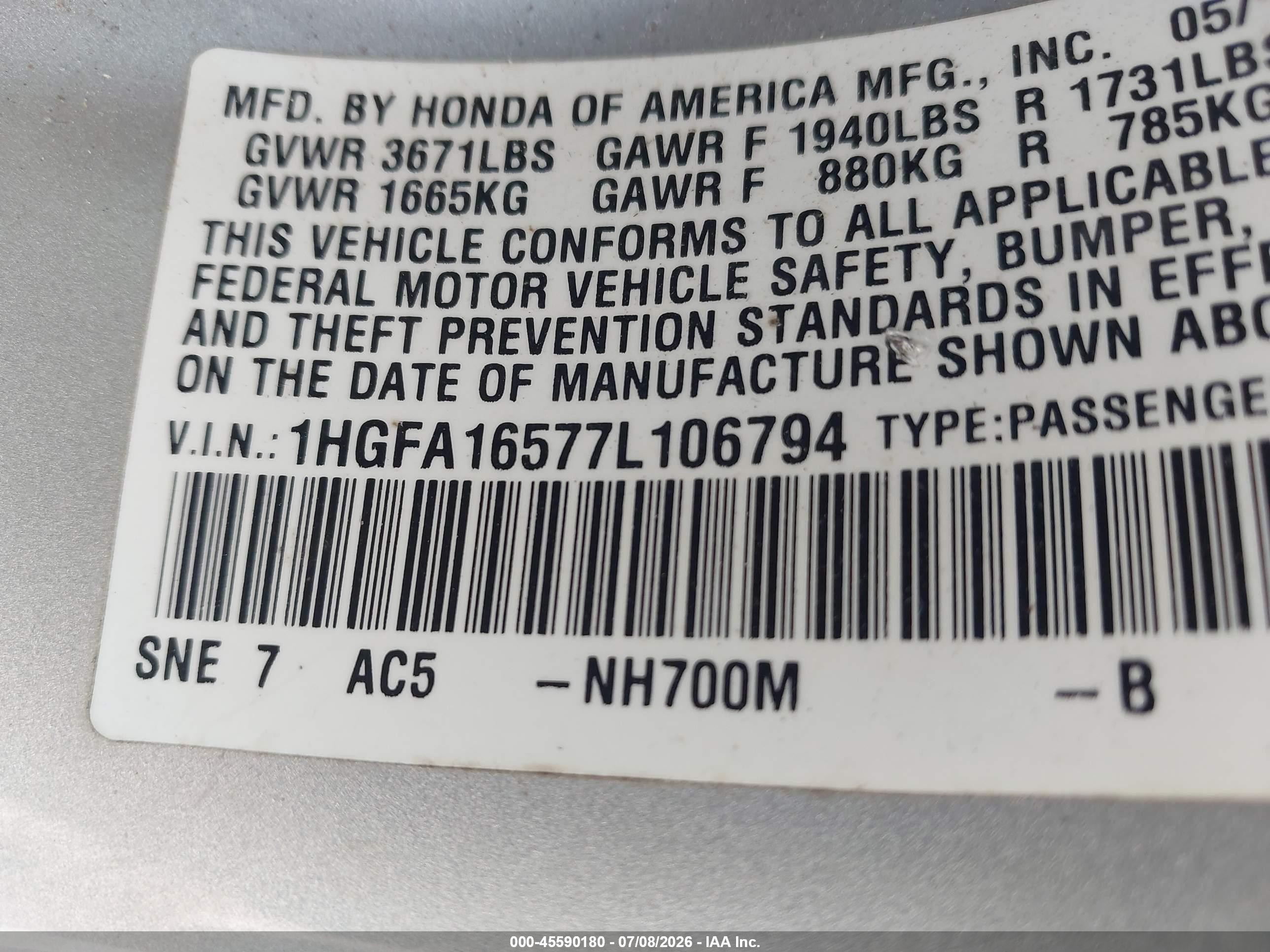 2007 Honda Civic Lx Silver vin: 1HGFA16577L106794