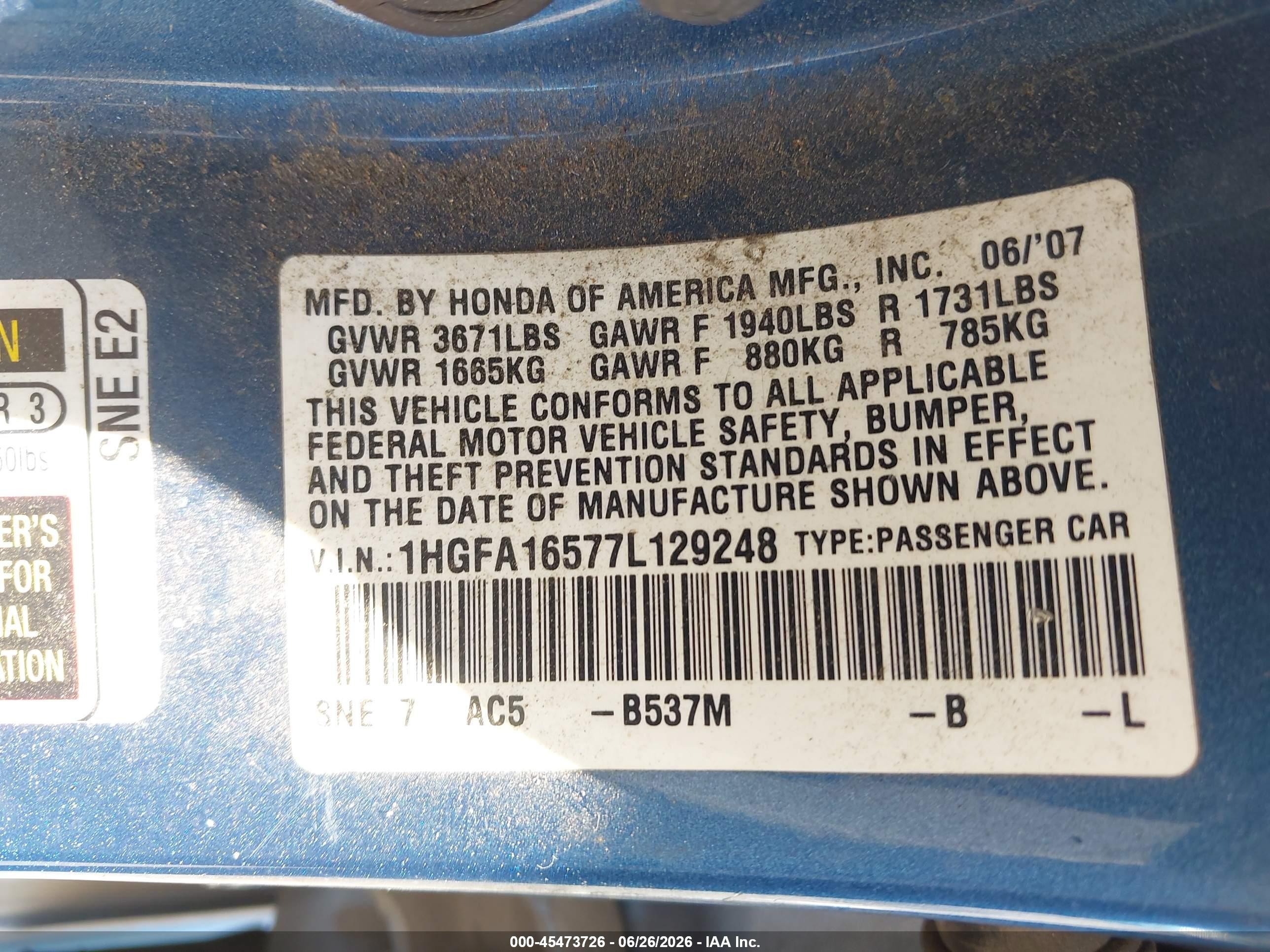 2007 Honda Civic Lx Blue vin: 1HGFA16577L129248