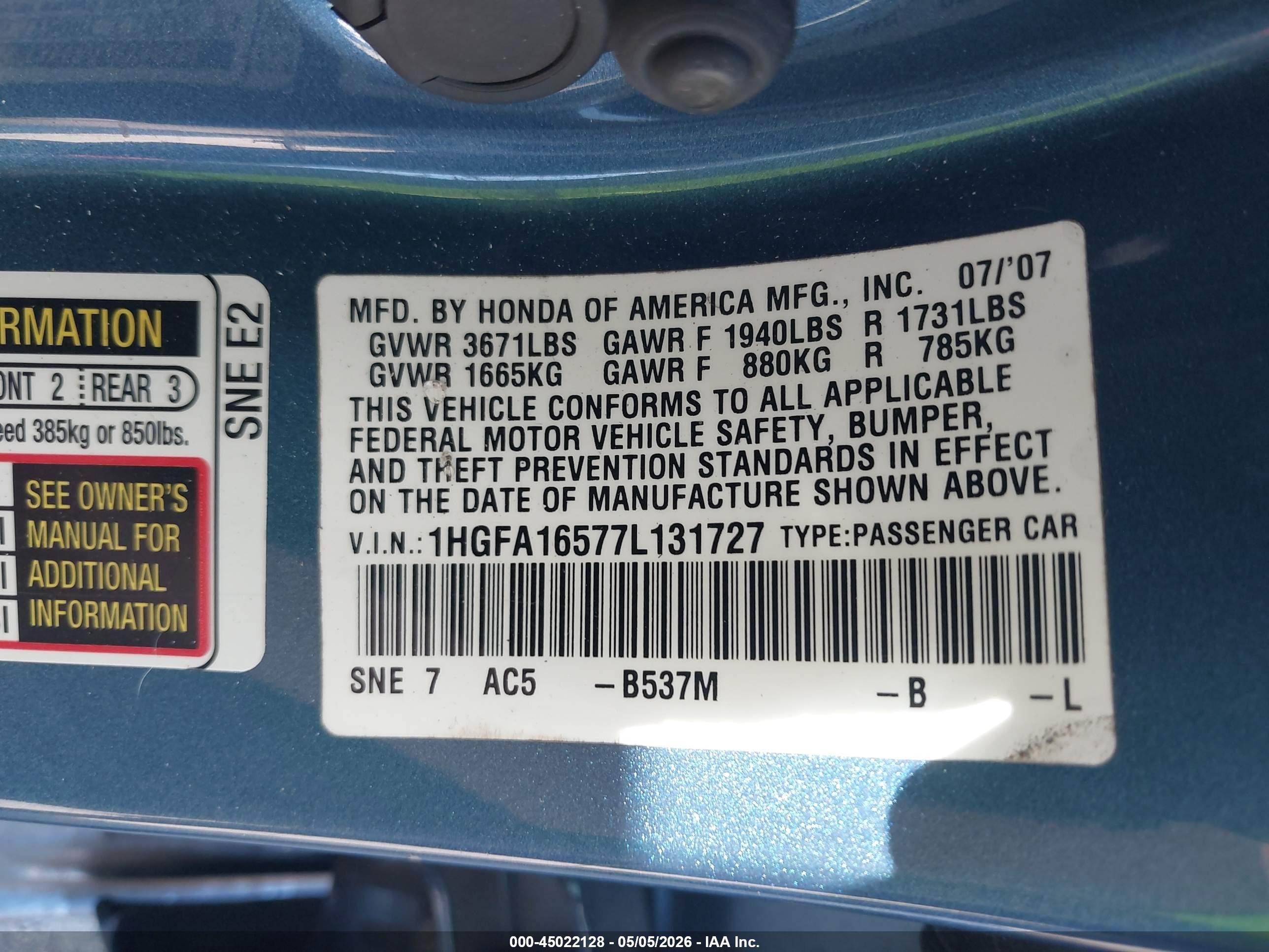 2007 Honda Civic Lx Синий vin: 1HGFA16577L131727