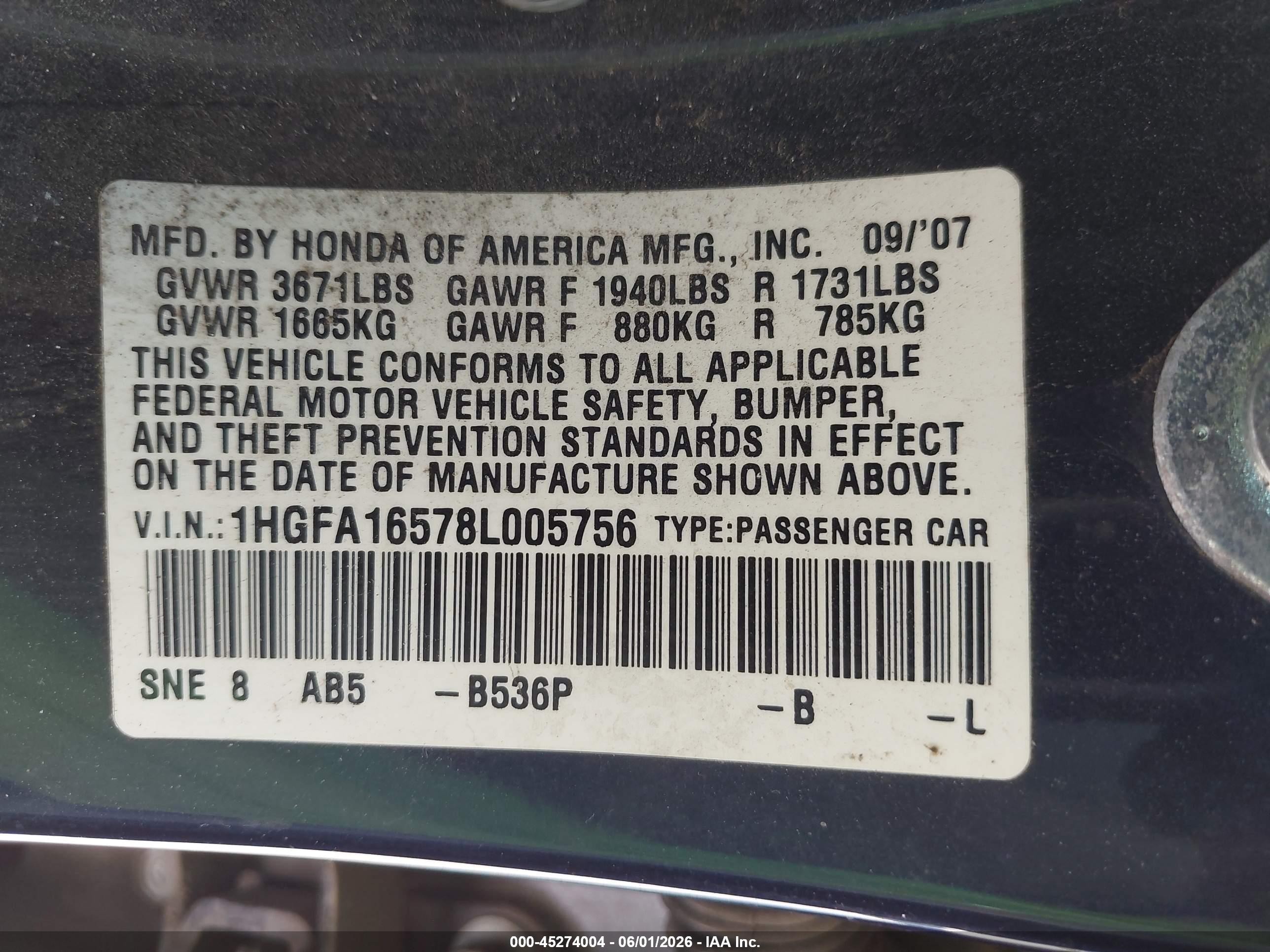 2008 Honda Civic Lx Blue vin: 1HGFA16578L005756