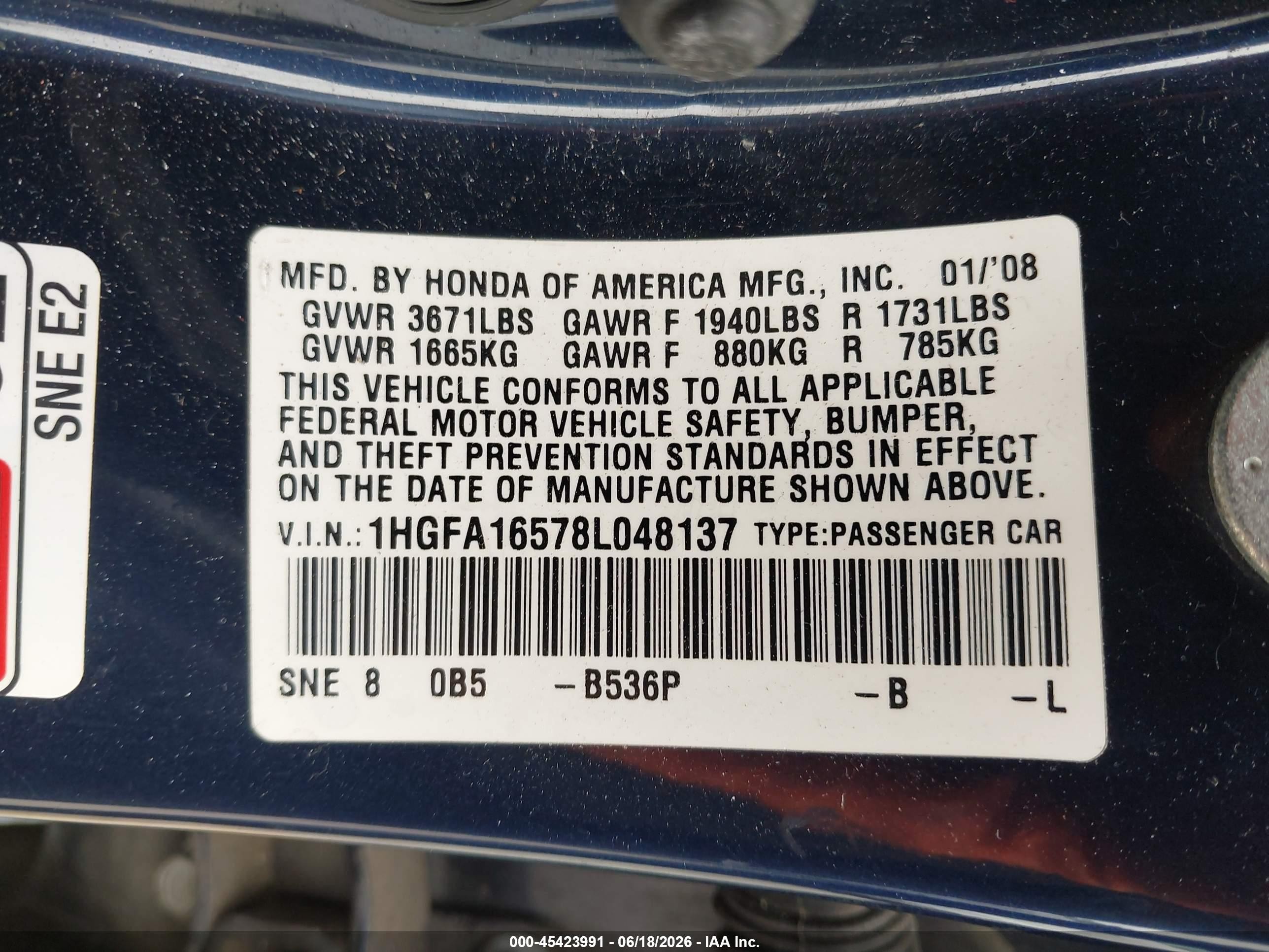 2008 Honda Civic Lx Blue vin: 1HGFA16578L048137