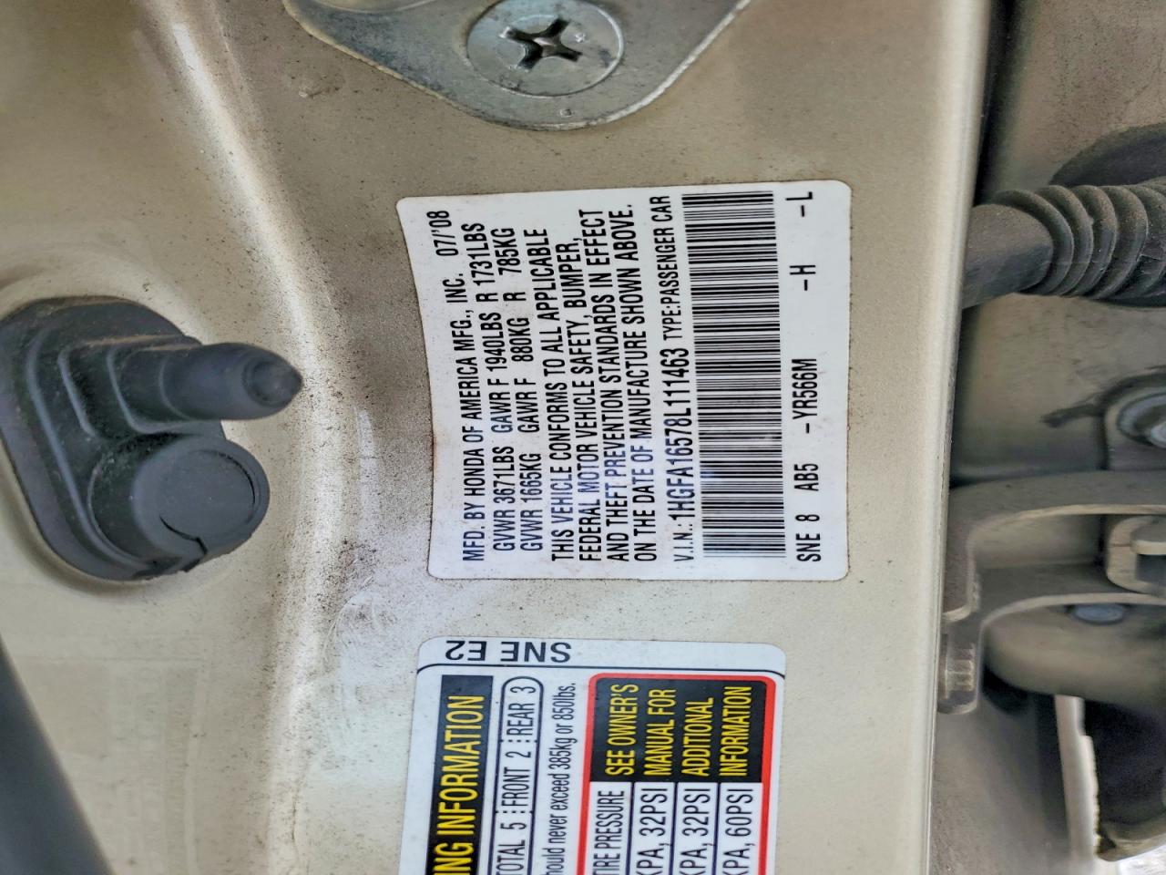 2008 Honda Civic Lx Gold vin: 1HGFA16578L111463