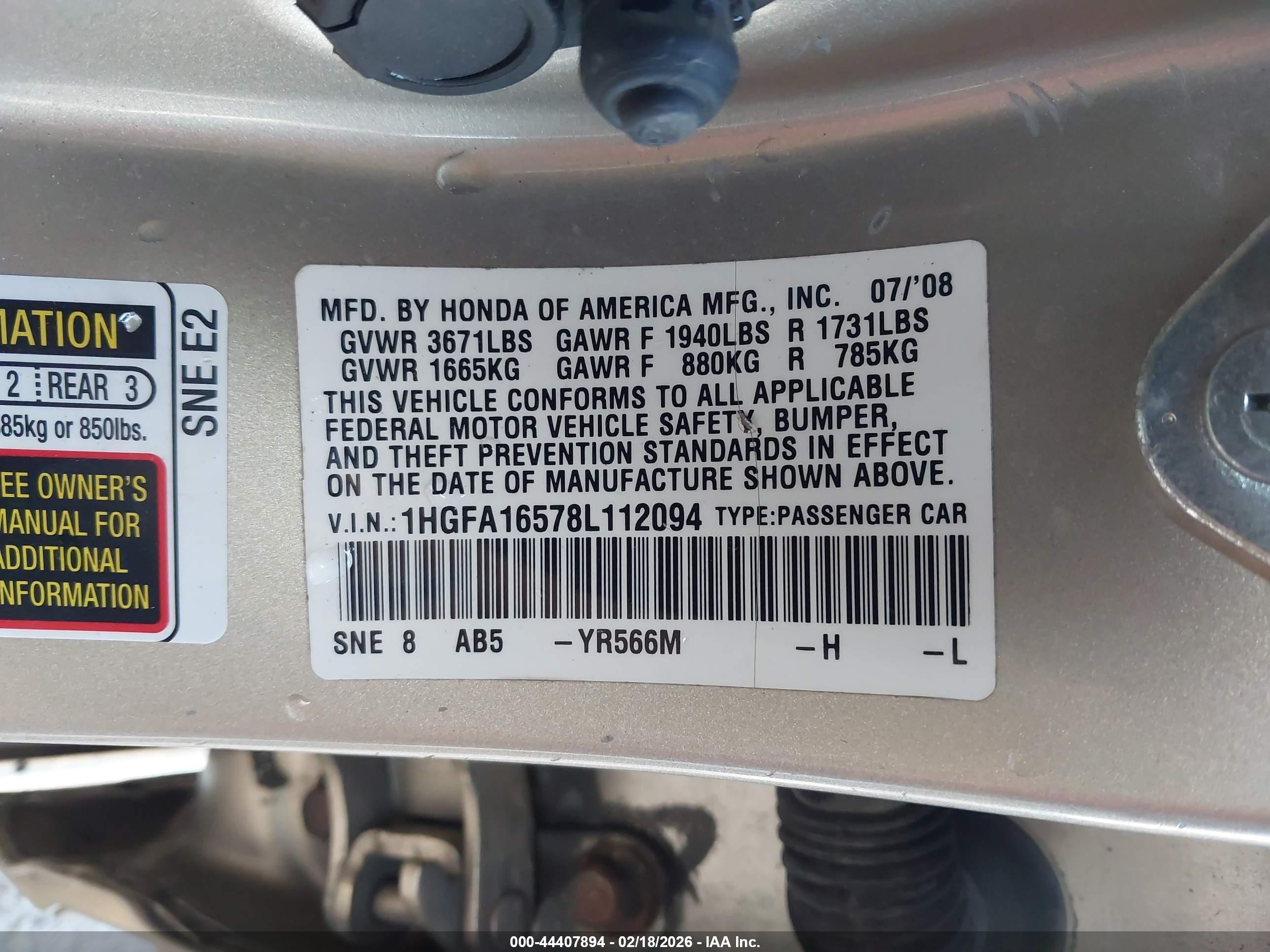 2008 Honda Civic Lx Золотой vin: 1HGFA16578L112094