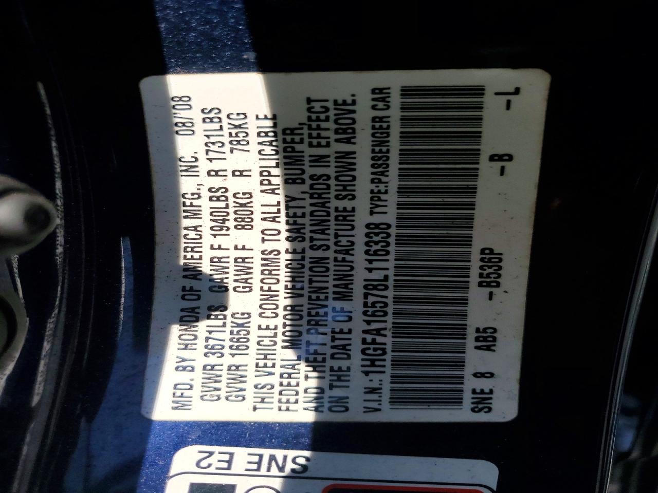 2008 Honda Civic Lx Blue vin: 1HGFA16578L116338