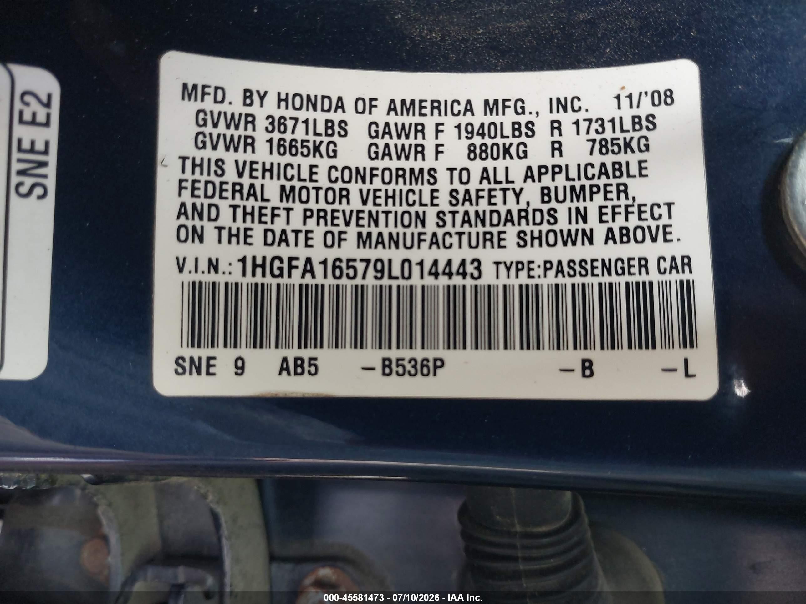 2009 Honda Civic Lx Blue vin: 1HGFA16579L014443