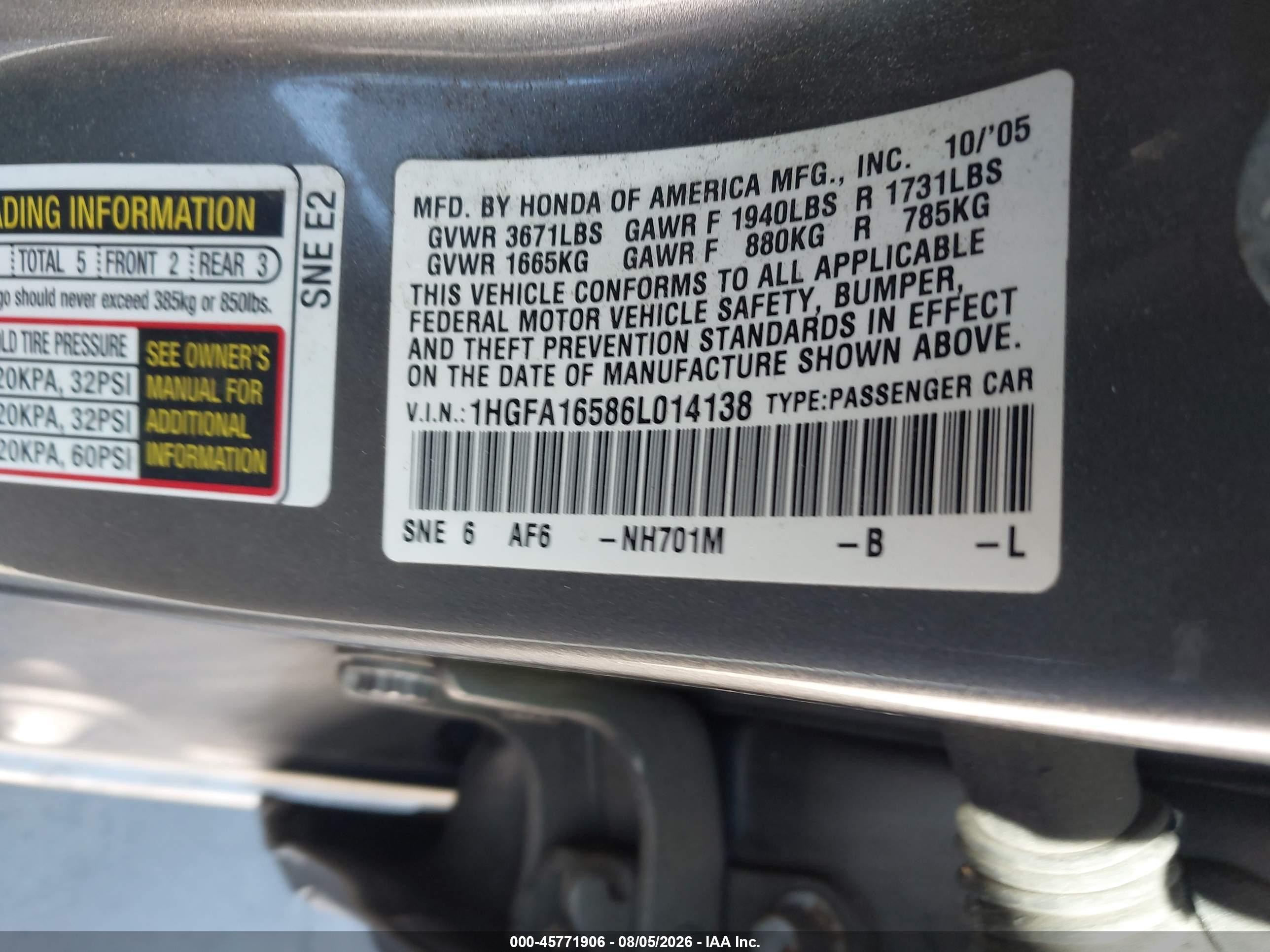 2006 Honda Civic Lx Gray vin: 1HGFA16586L014138