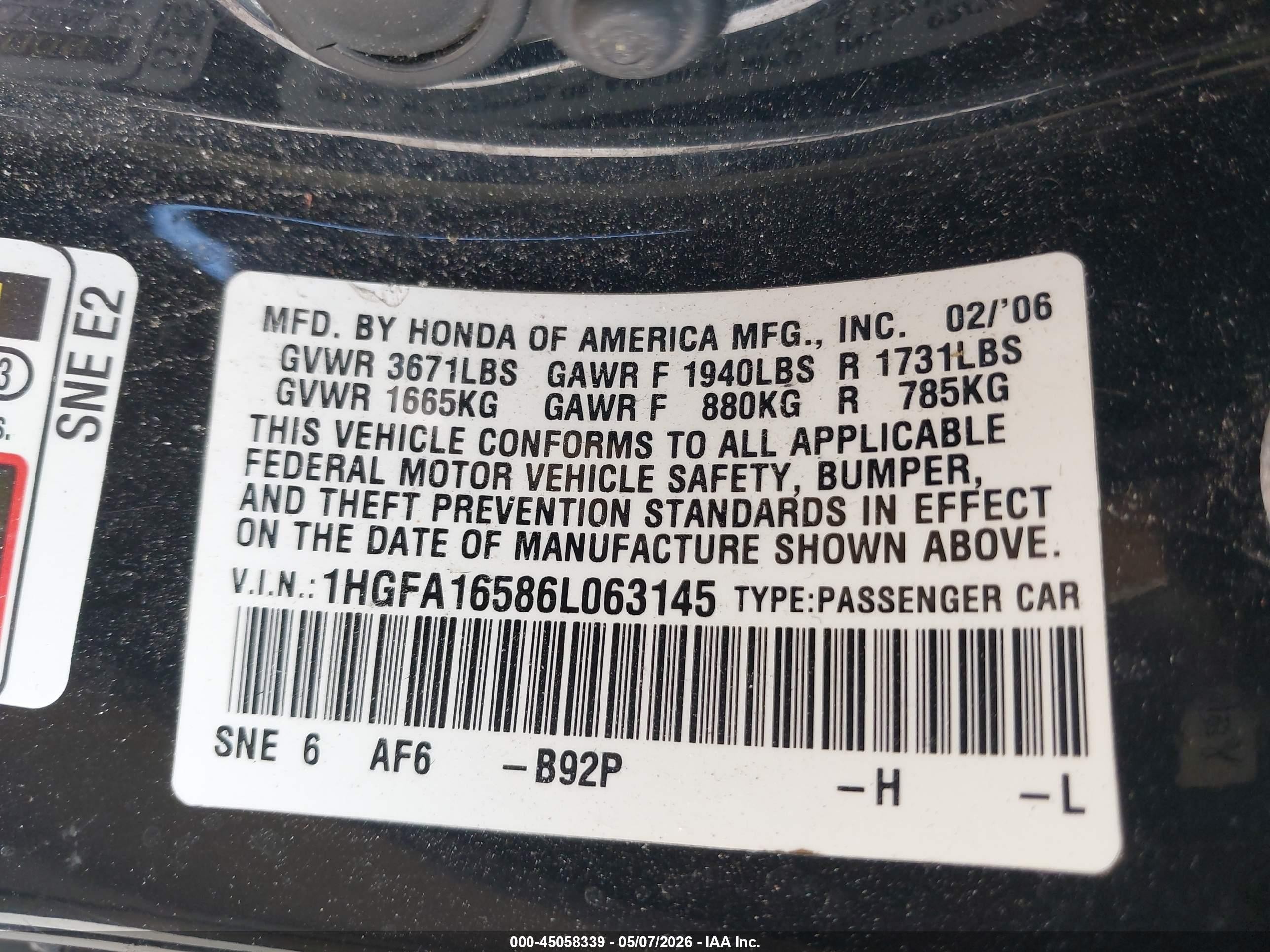 2006 Honda Civic Lx Black vin: 1HGFA16586L063145
