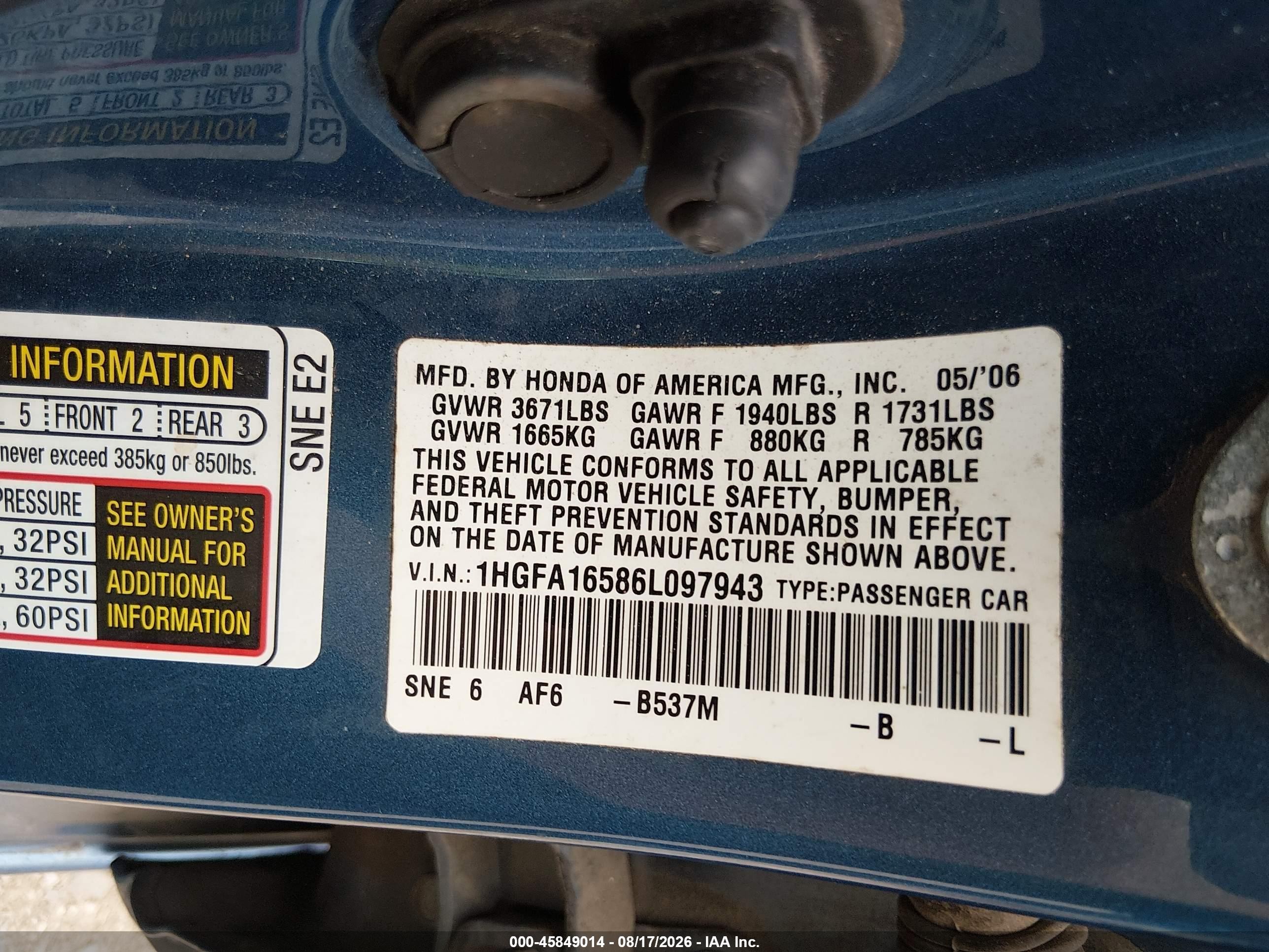 2006 Honda Civic Lx Синий vin: 1HGFA16586L097943