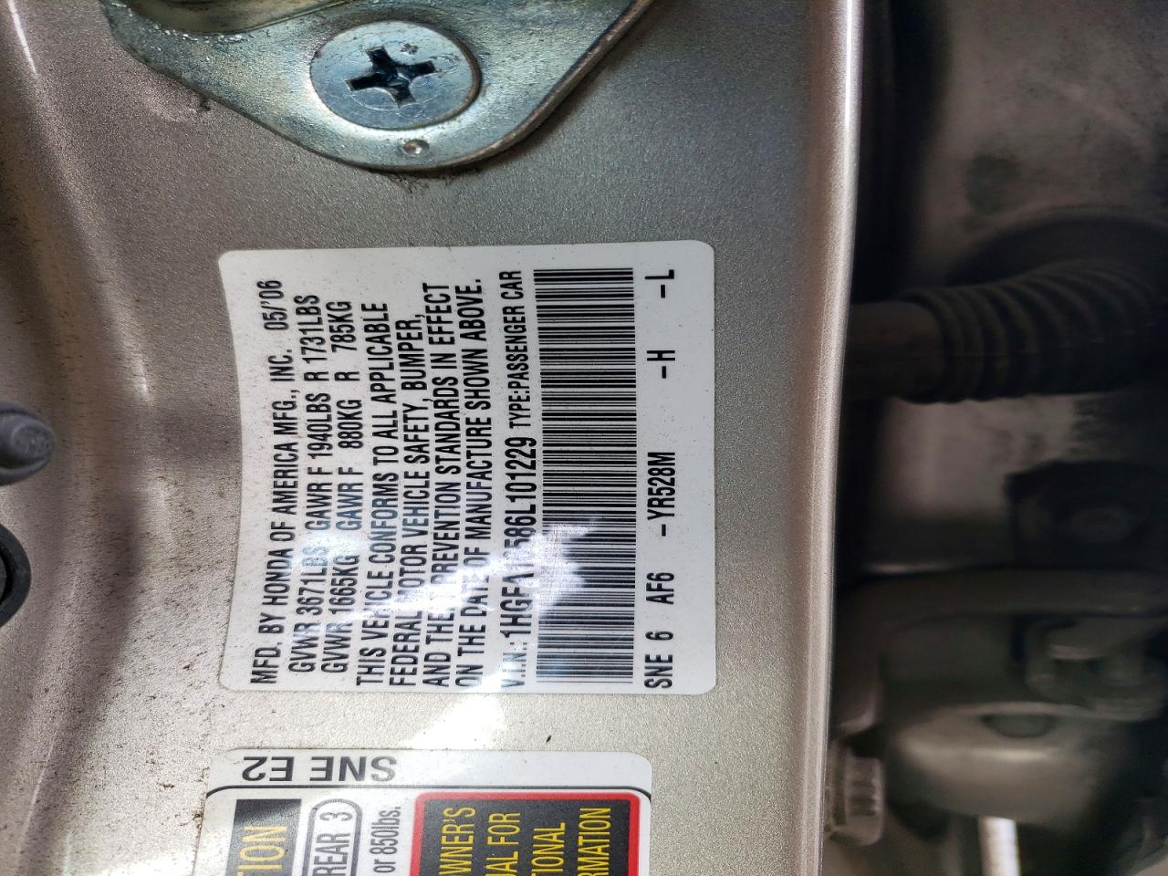 2006 Honda Civic Lx Gold vin: 1HGFA16586L101229