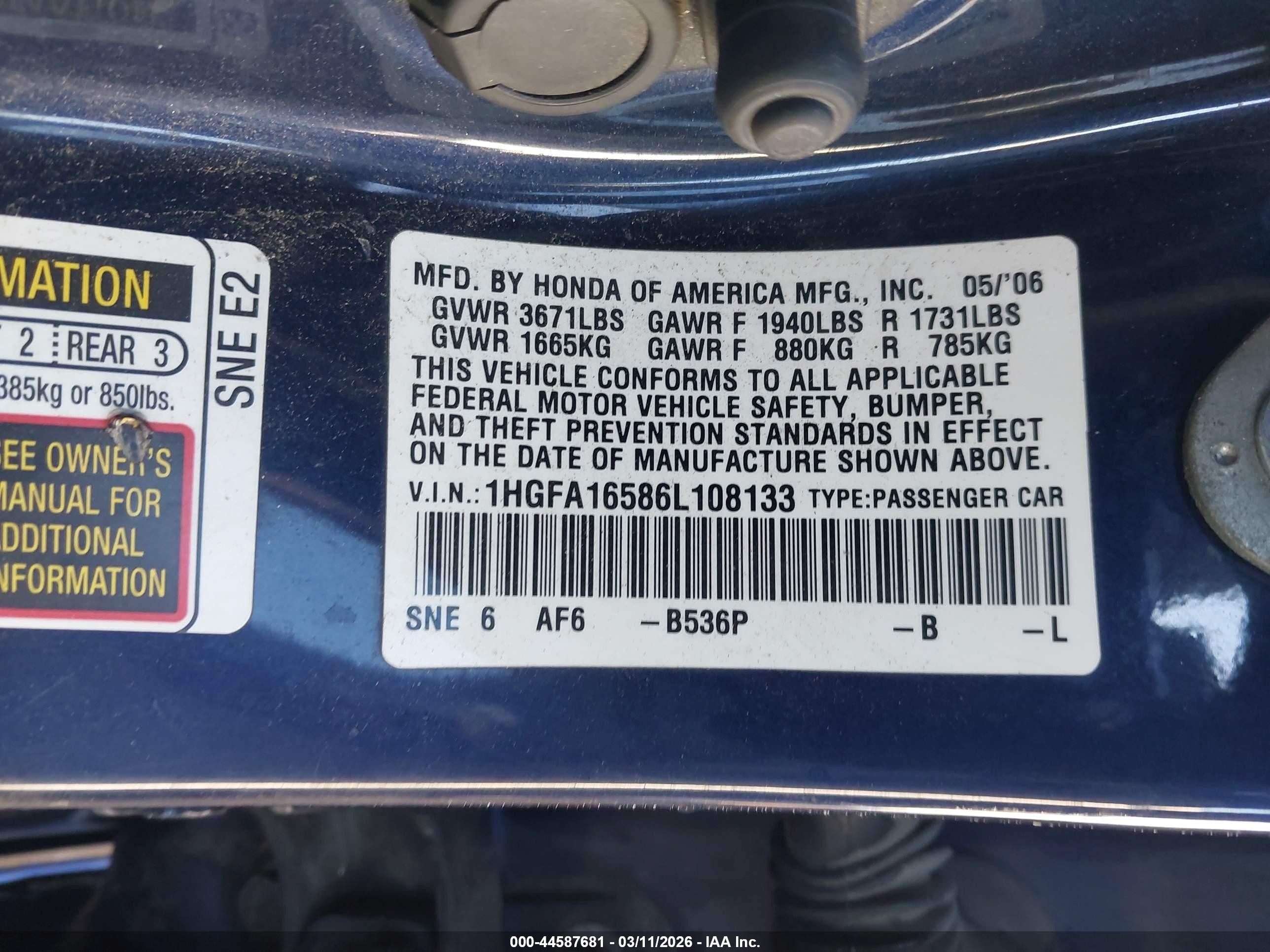 2006 Honda Civic Lx Blue vin: 1HGFA16586L108133