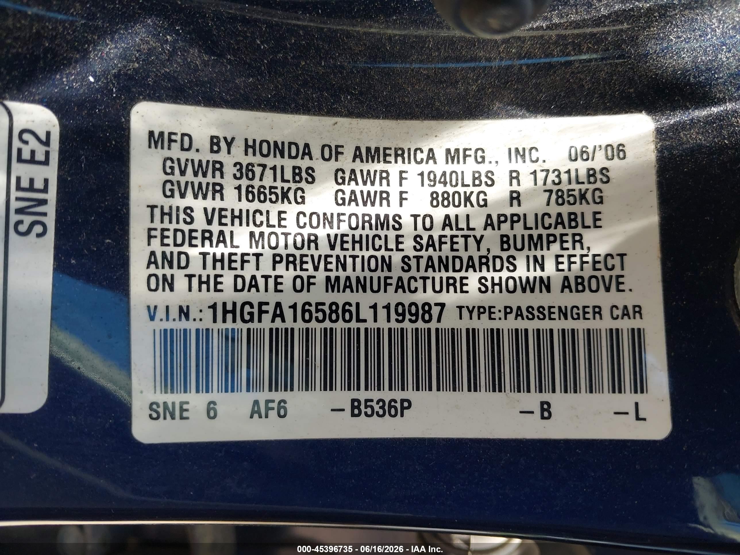 2006 Honda Civic Lx Blue vin: 1HGFA16586L119987