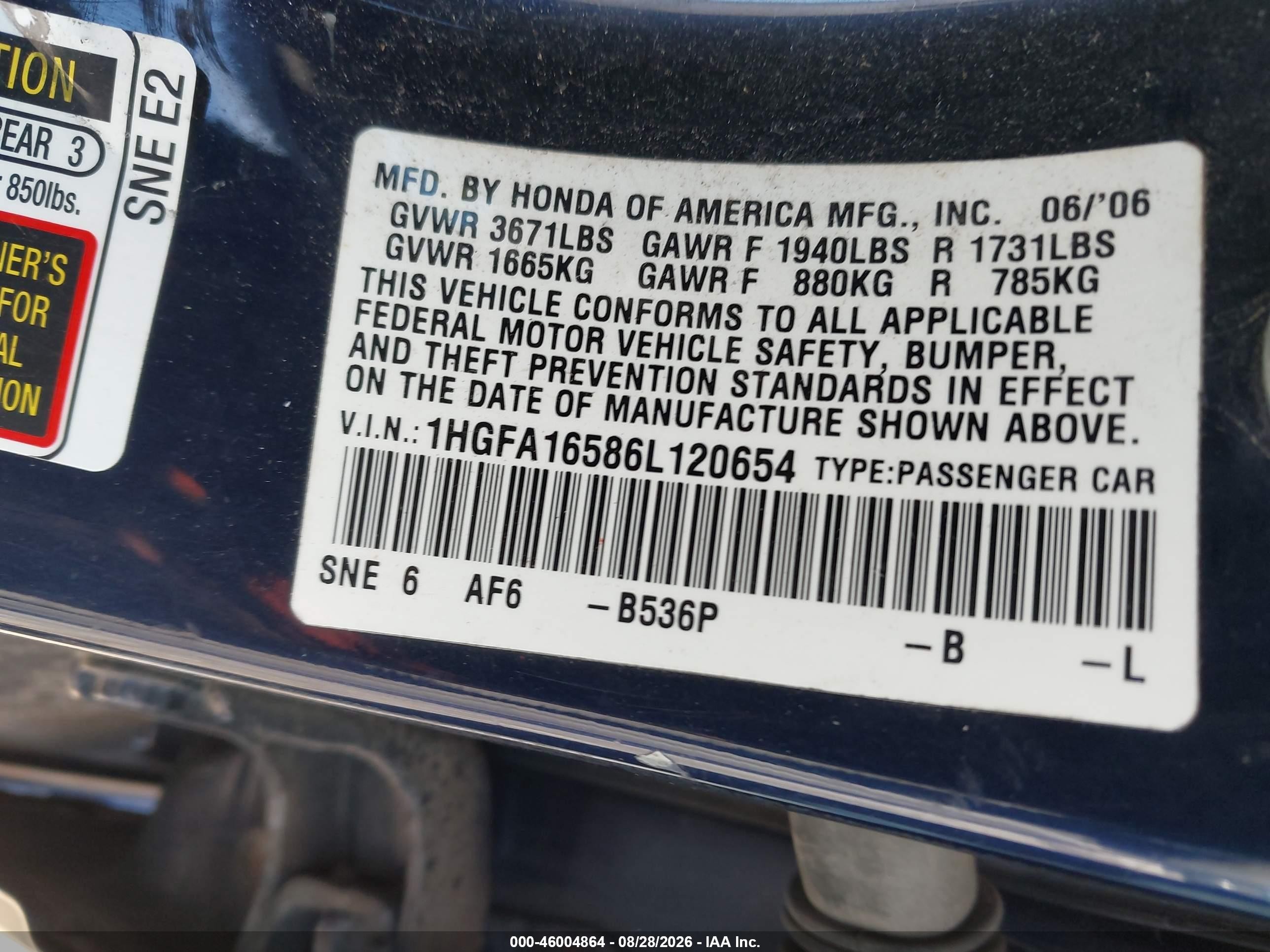 2006 Honda Civic Lx Blue vin: 1HGFA16586L120654