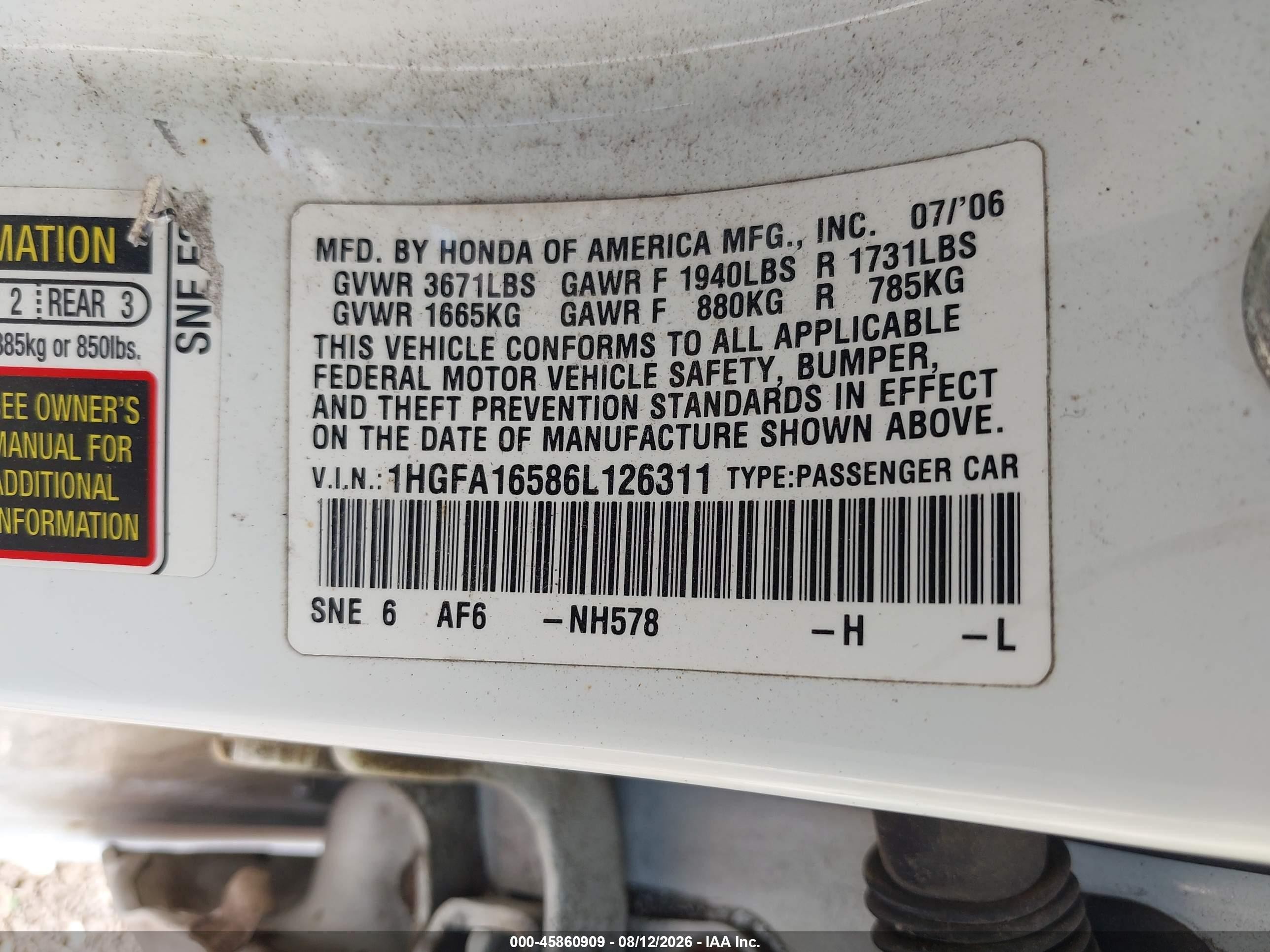 2006 Honda Civic Lx White vin: 1HGFA16586L126311