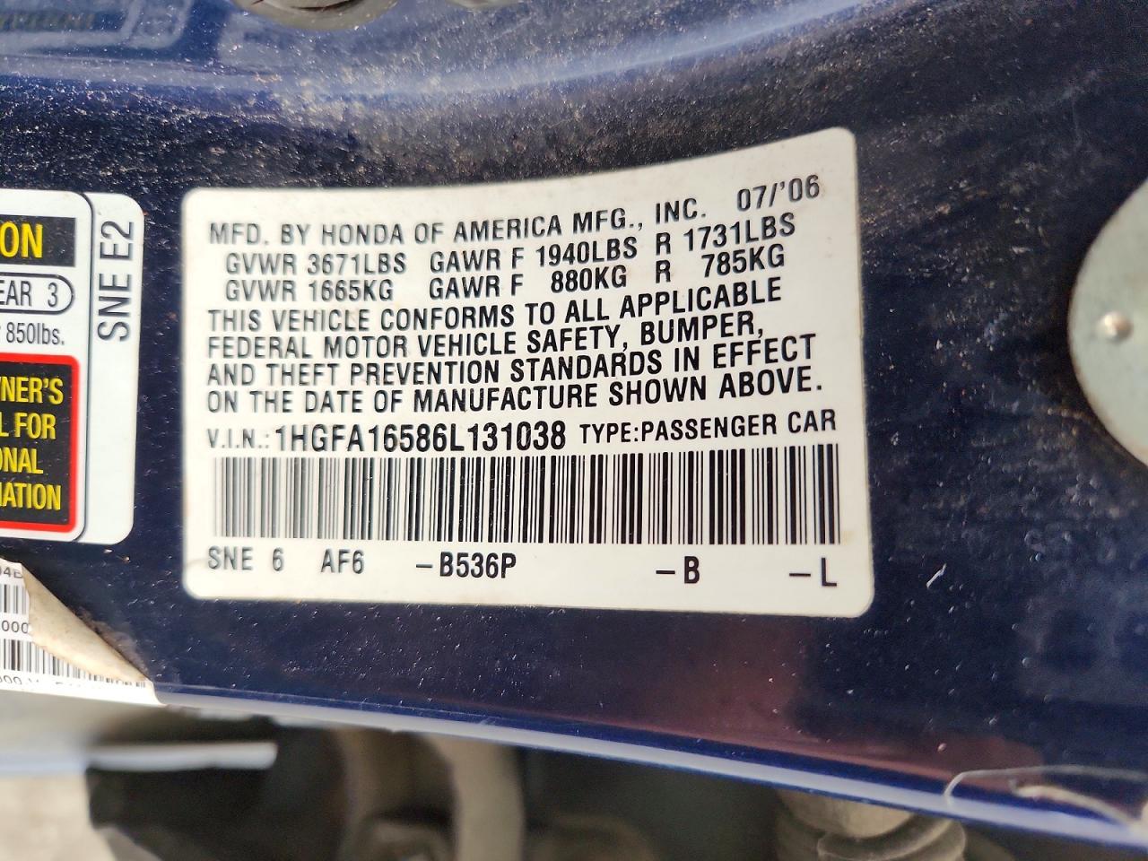 2006 Honda Civic Lx Blue vin: 1HGFA16586L131038