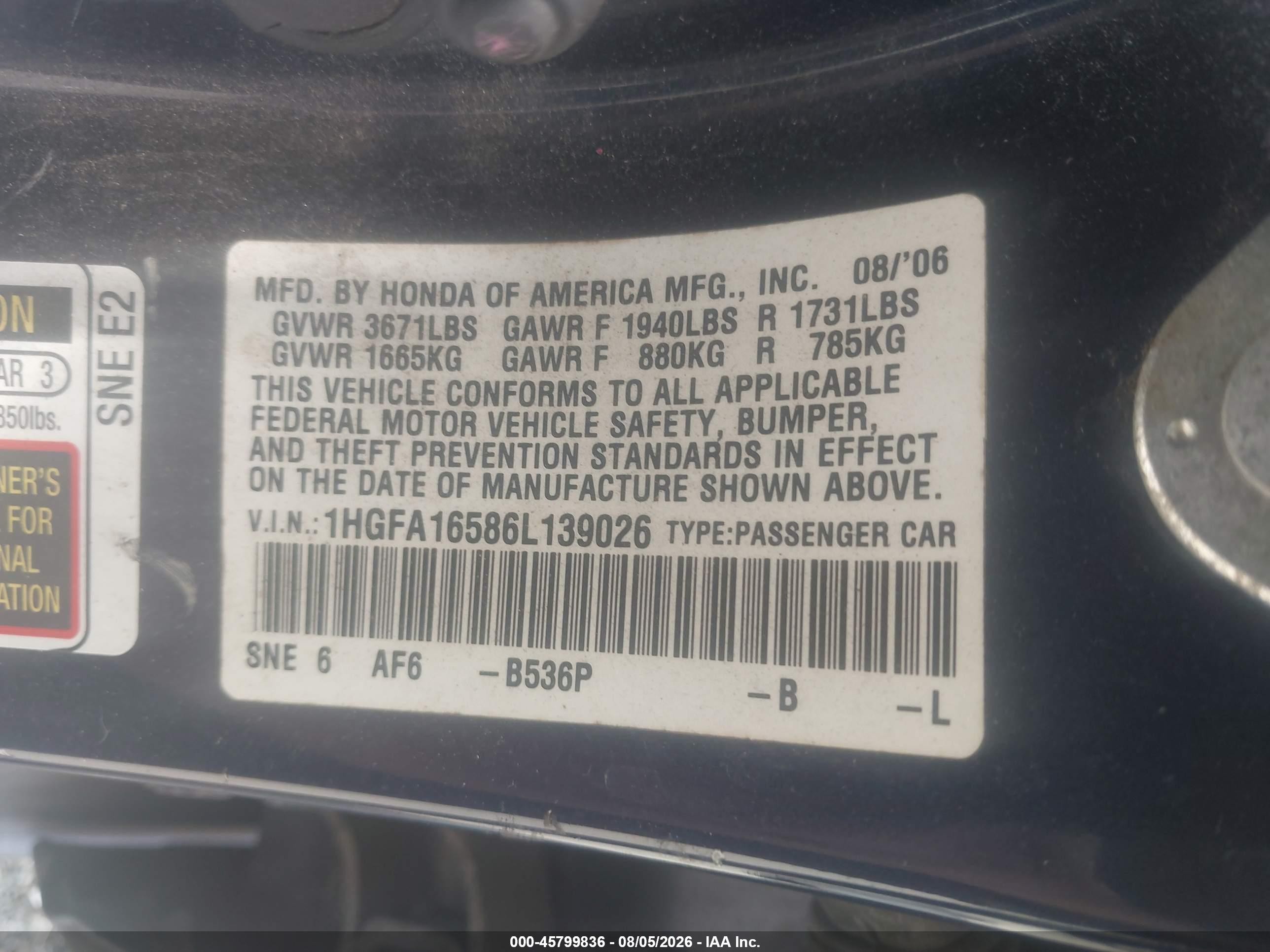 2006 Honda Civic Lx Синий vin: 1HGFA16586L139026