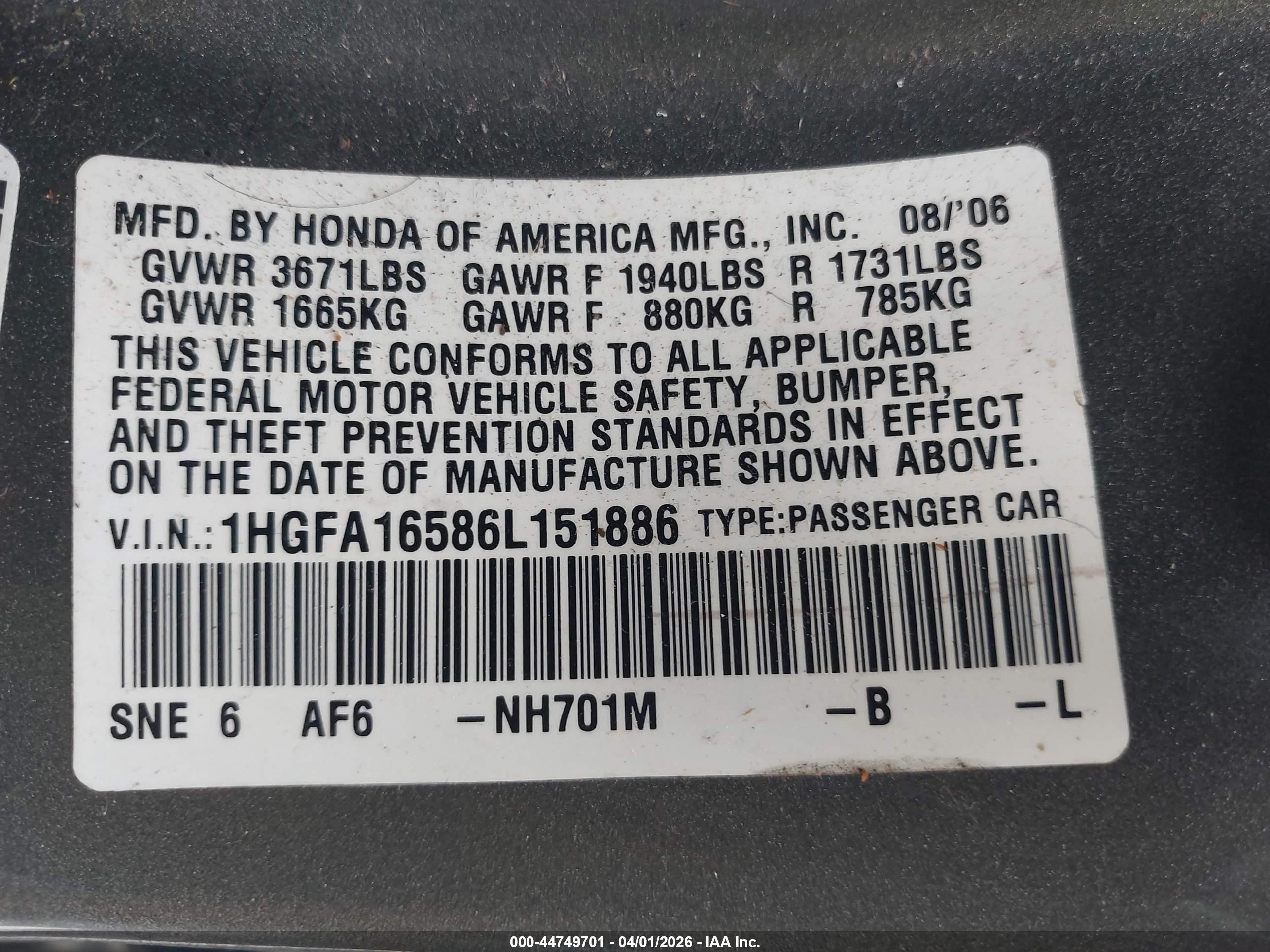2006 Honda Civic Lx Gray vin: 1HGFA16586L151886