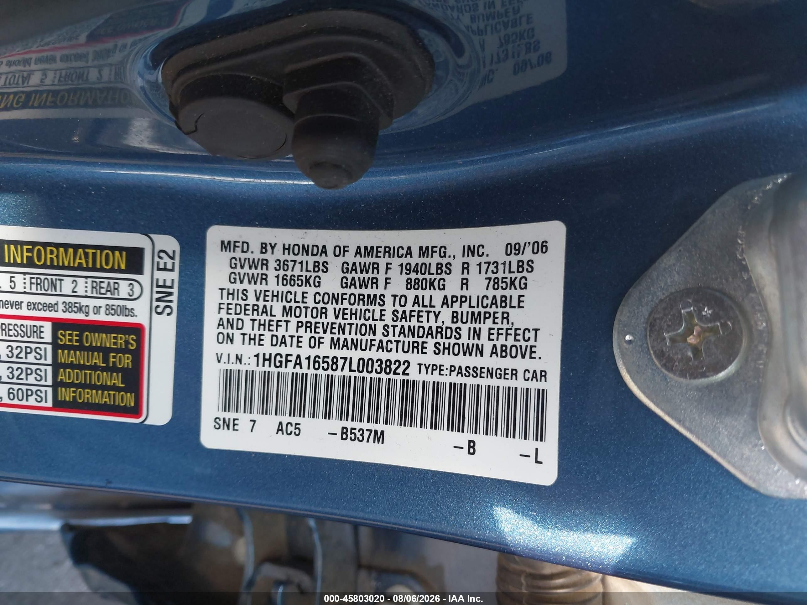 2007 Honda Civic Lx Синий vin: 1HGFA16587L003822