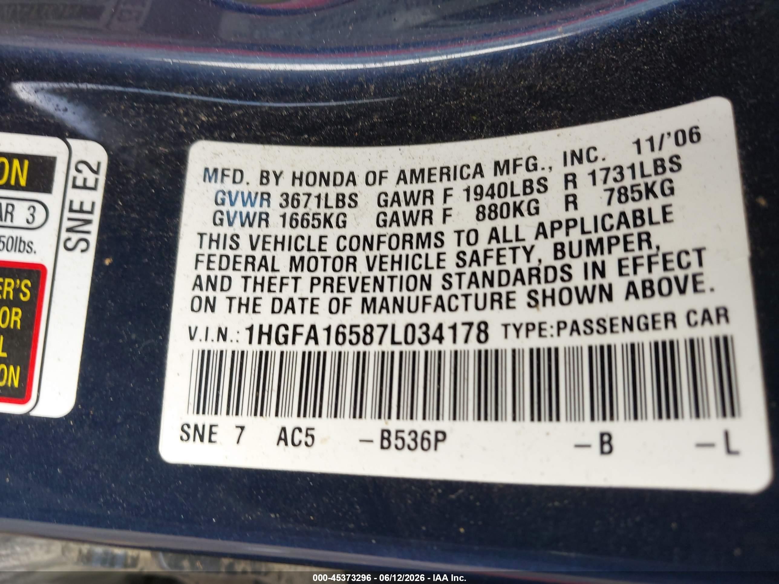 2007 Honda Civic Lx Blue vin: 1HGFA16587L034178