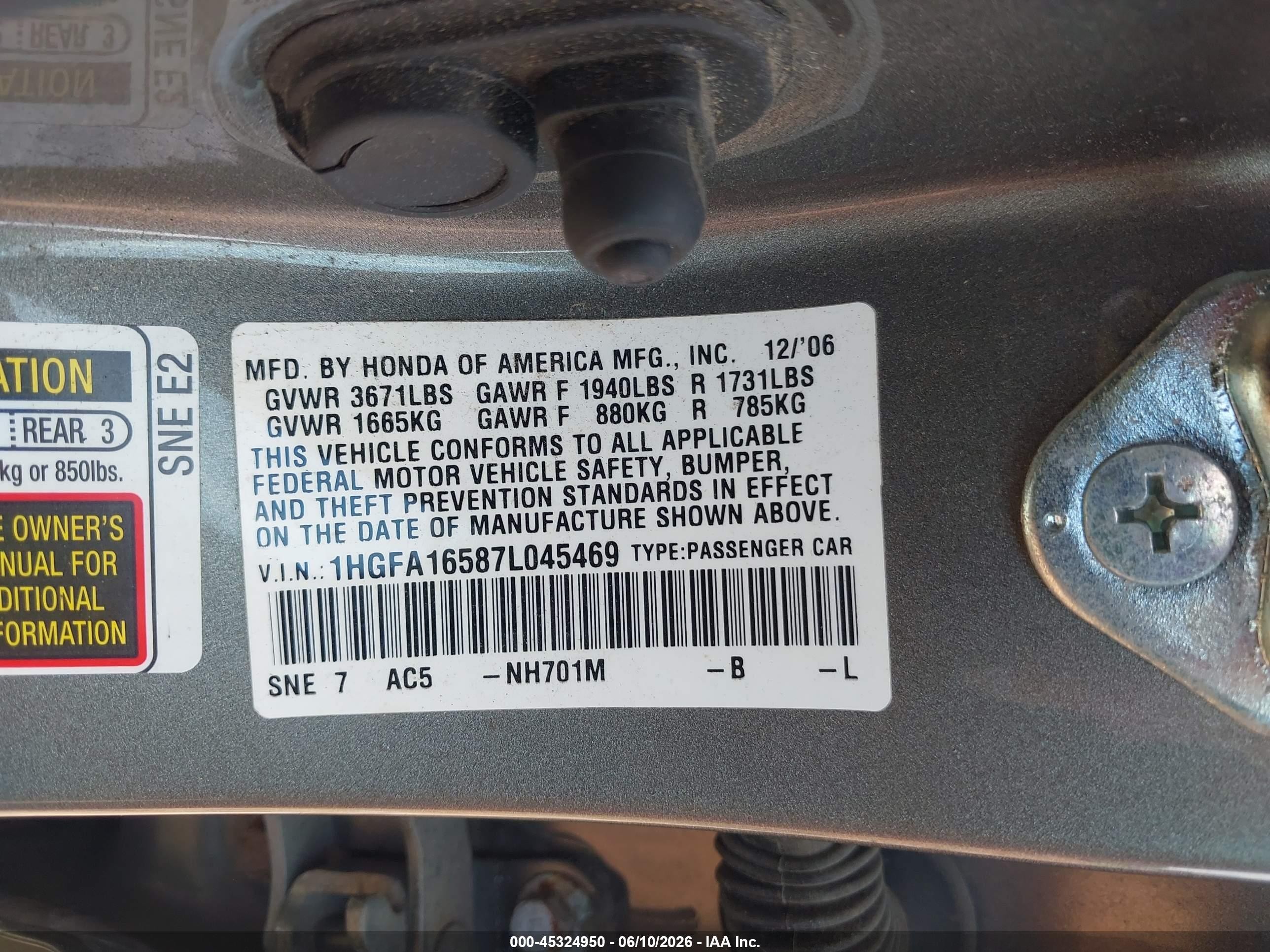 2007 Honda Civic Lx Gray vin: 1HGFA16587L045469
