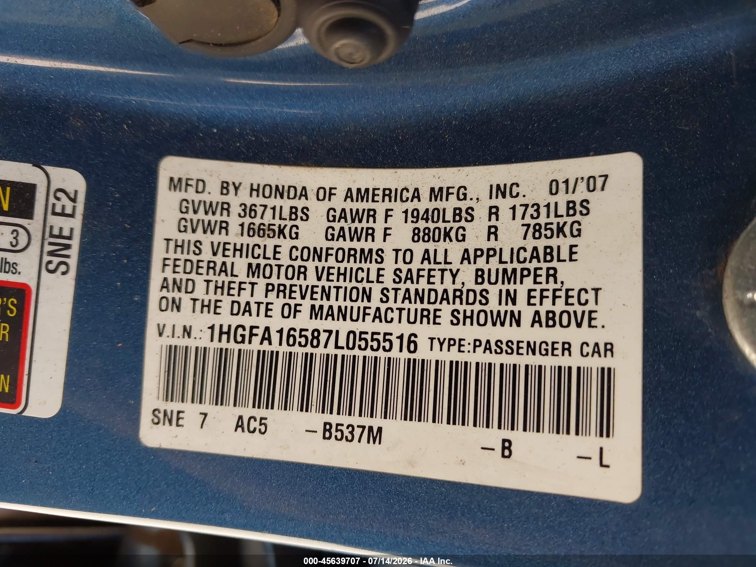 2007 Honda Civic Lx Blue vin: 1HGFA16587L055516