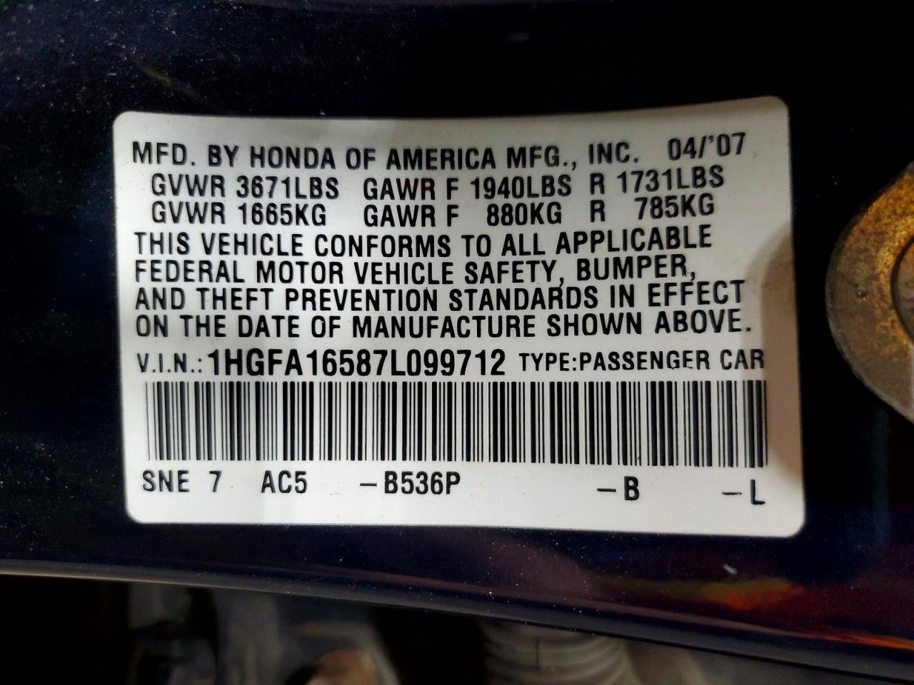 2007 Honda Civic Lx Синий vin: 1HGFA16587L099712