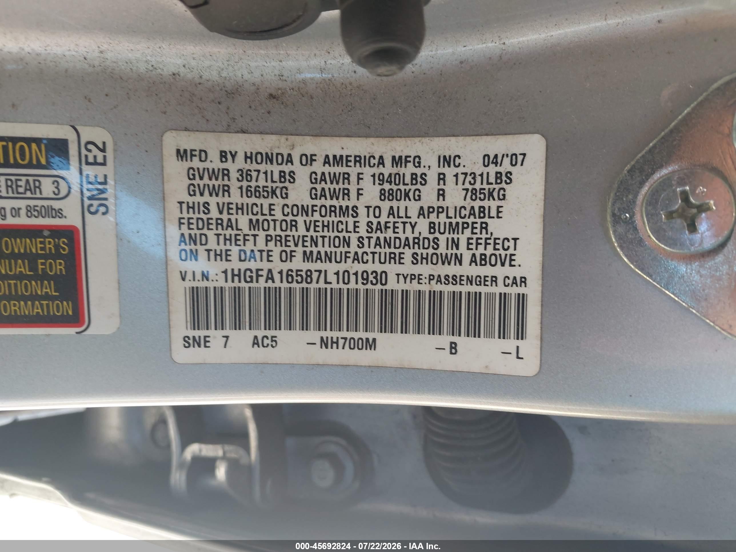 2007 Honda Civic Lx Silver vin: 1HGFA16587L101930