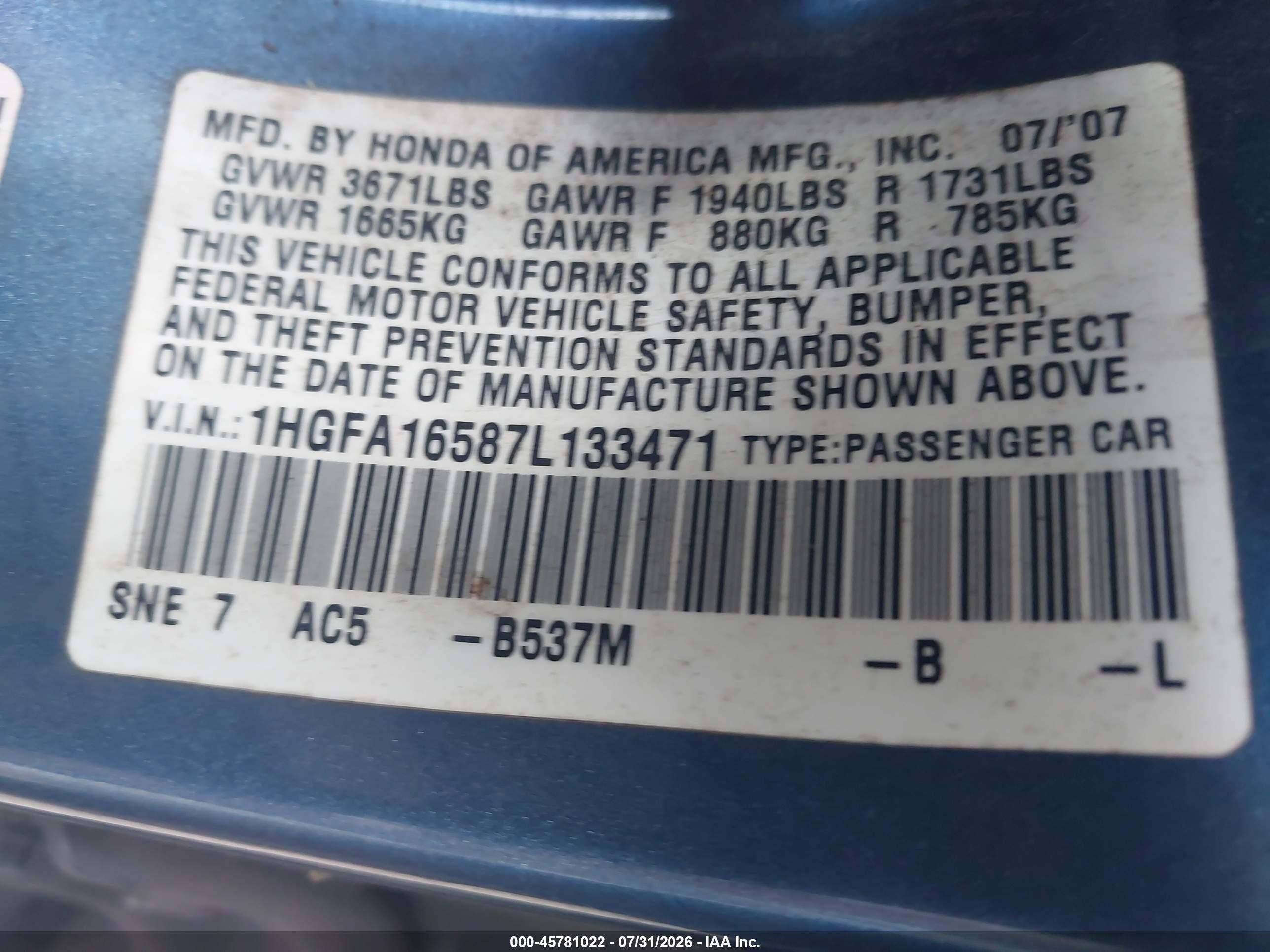 2007 Honda Civic Lx Blue vin: 1HGFA16587L133471