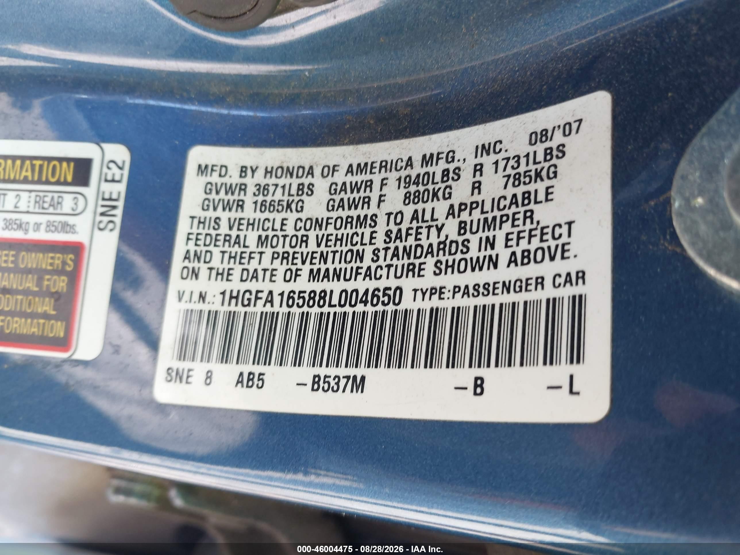2008 Honda Civic Lx Blue vin: 1HGFA16588L004650