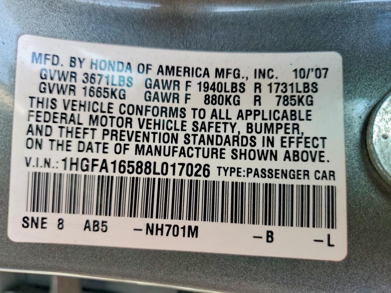 2008 Honda Civic Lx Gray vin: 1HGFA16588L017026