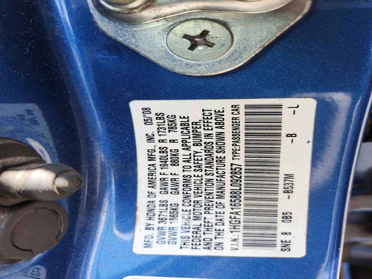 2008 Honda Civic Lx Blue vin: 1HGFA16588L092857