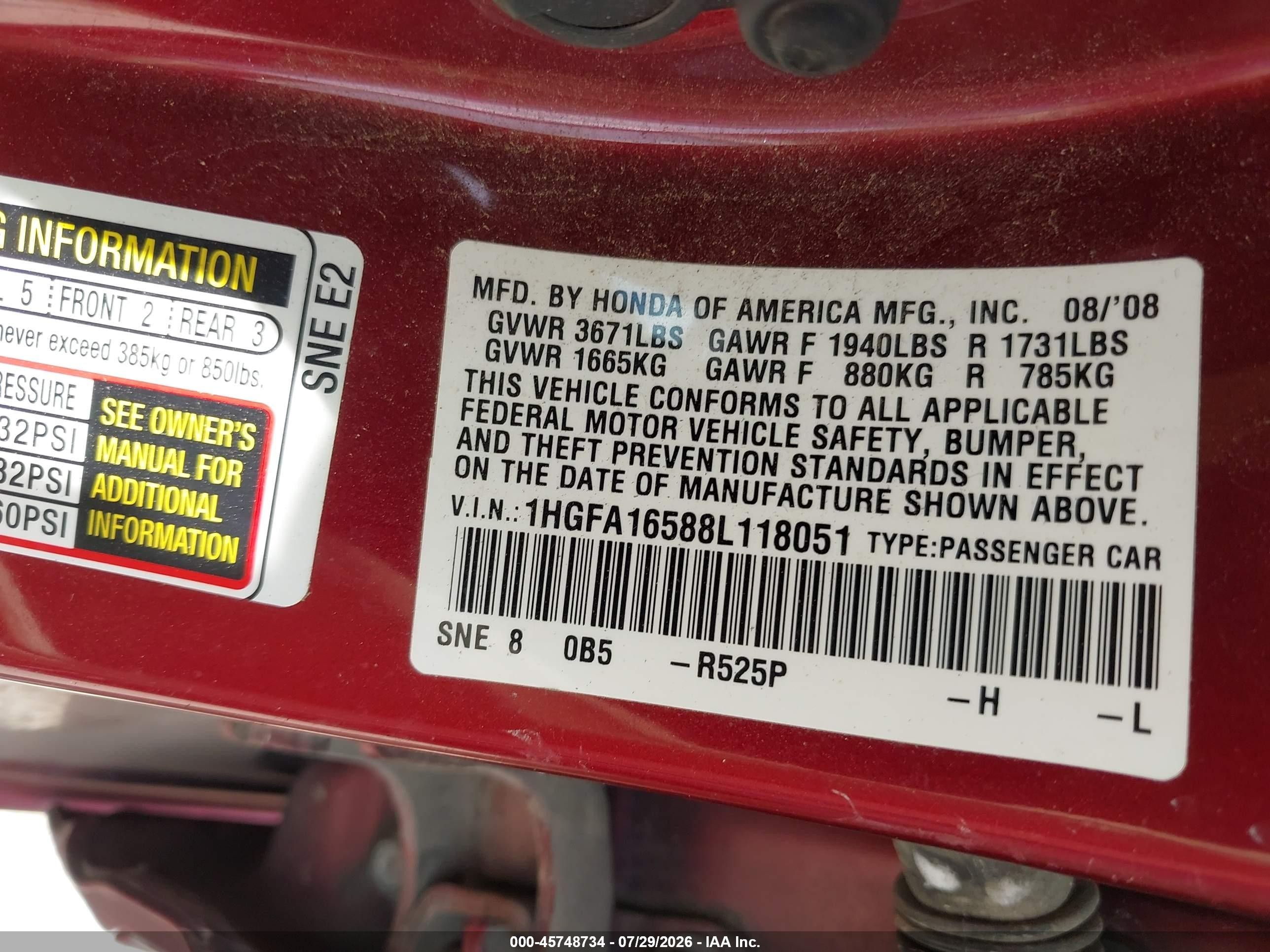 2008 Honda Civic Lx Maroon vin: 1HGFA16588L118051