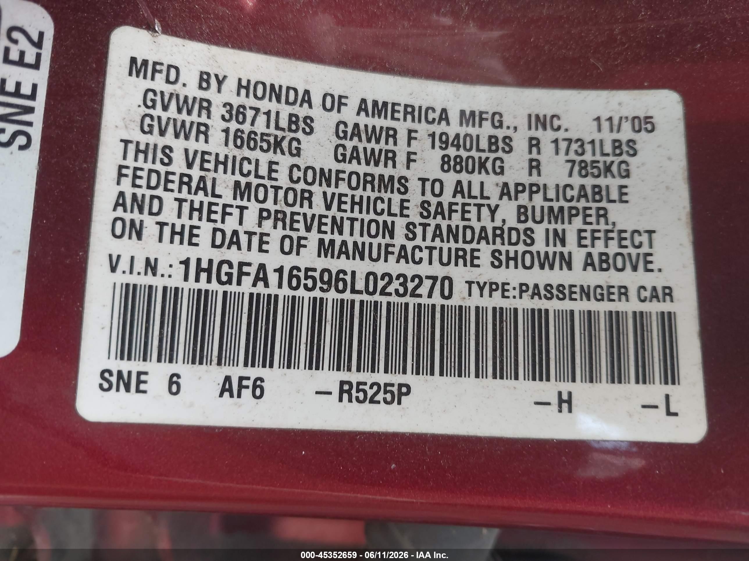 2006 Honda Civic Lx Maroon vin: 1HGFA16596L023270