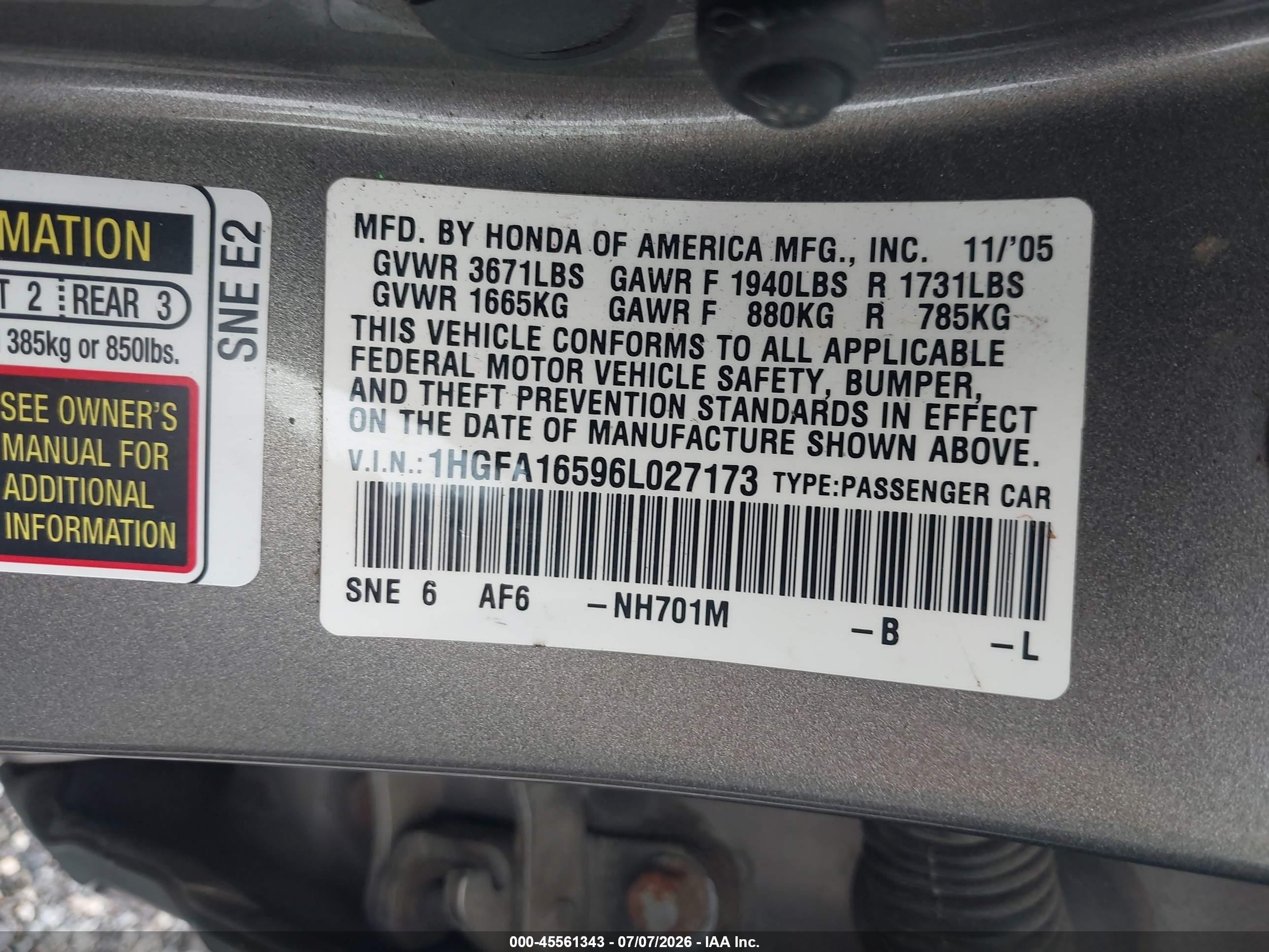 2006 Honda Civic Lx Silver vin: 1HGFA16596L027173