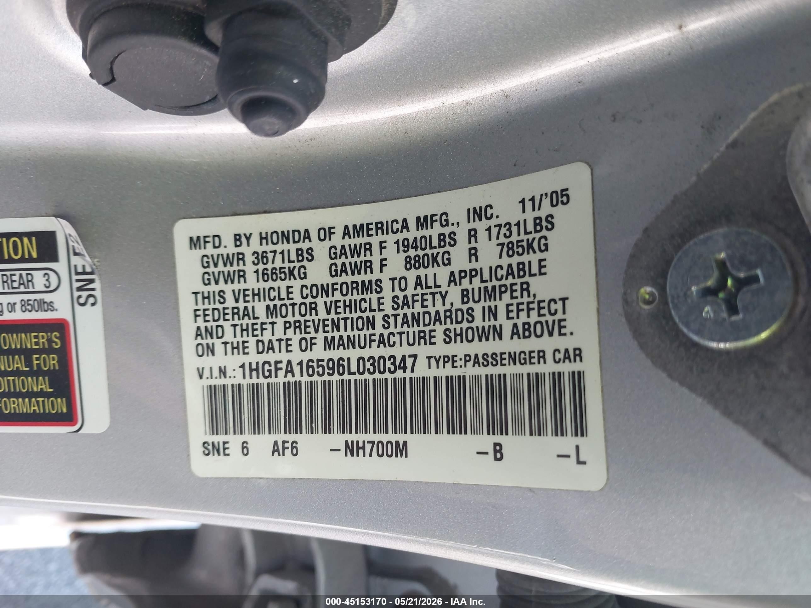 2006 Honda Civic Lx Silver vin: 1HGFA16596L030347