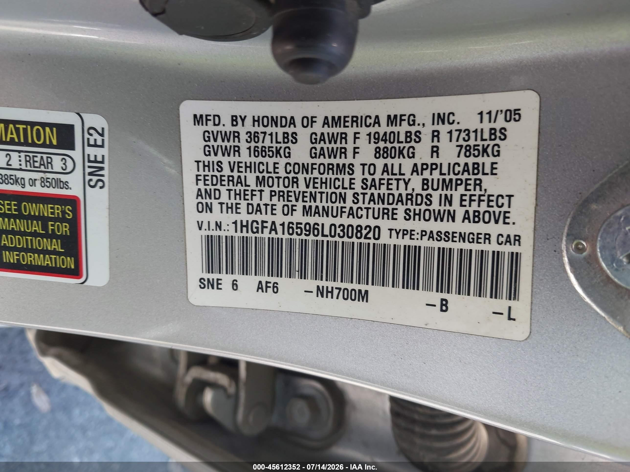 2006 Honda Civic Lx Silver vin: 1HGFA16596L030820