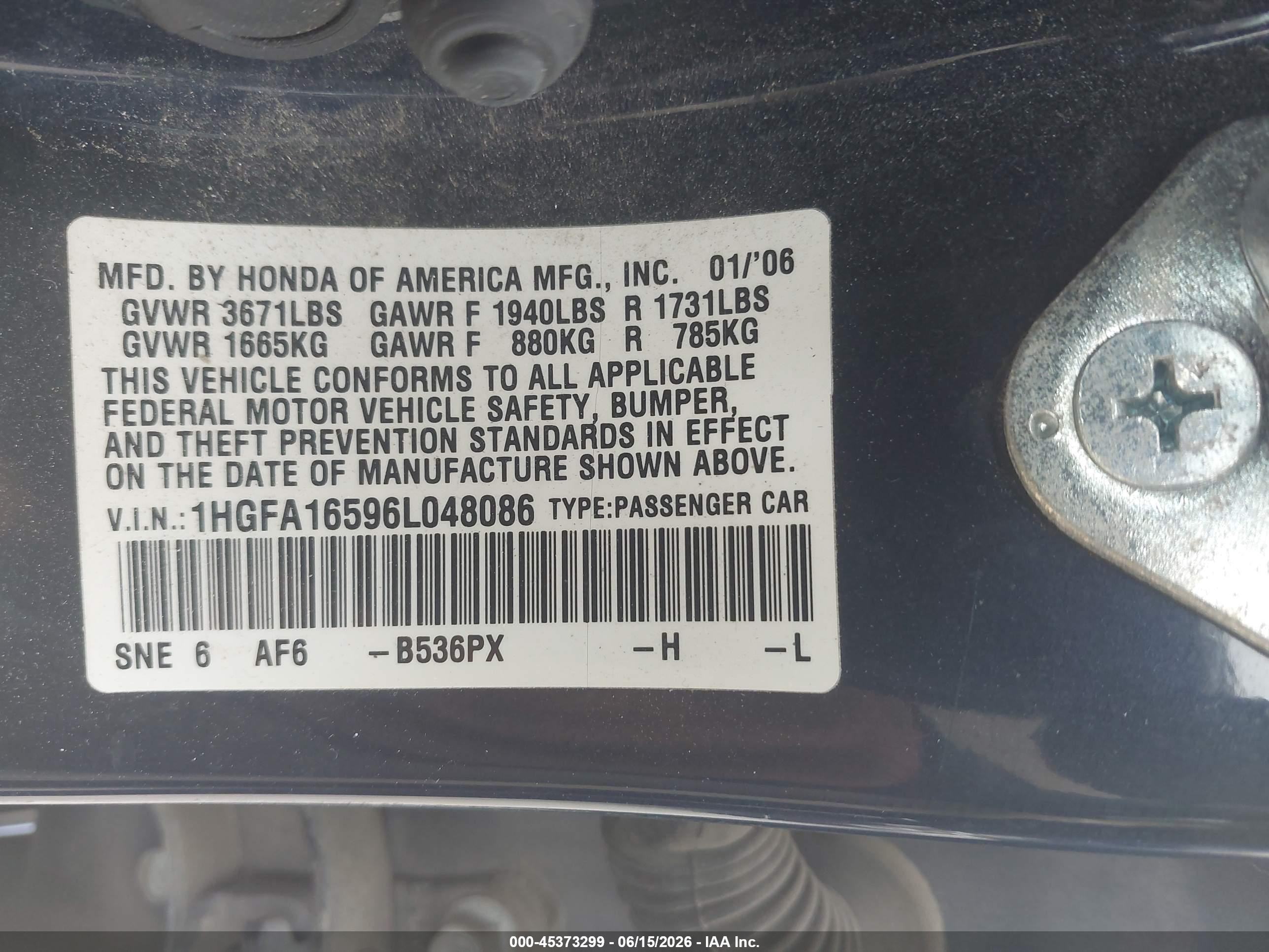 2006 Honda Civic Lx Blue vin: 1HGFA16596L048086
