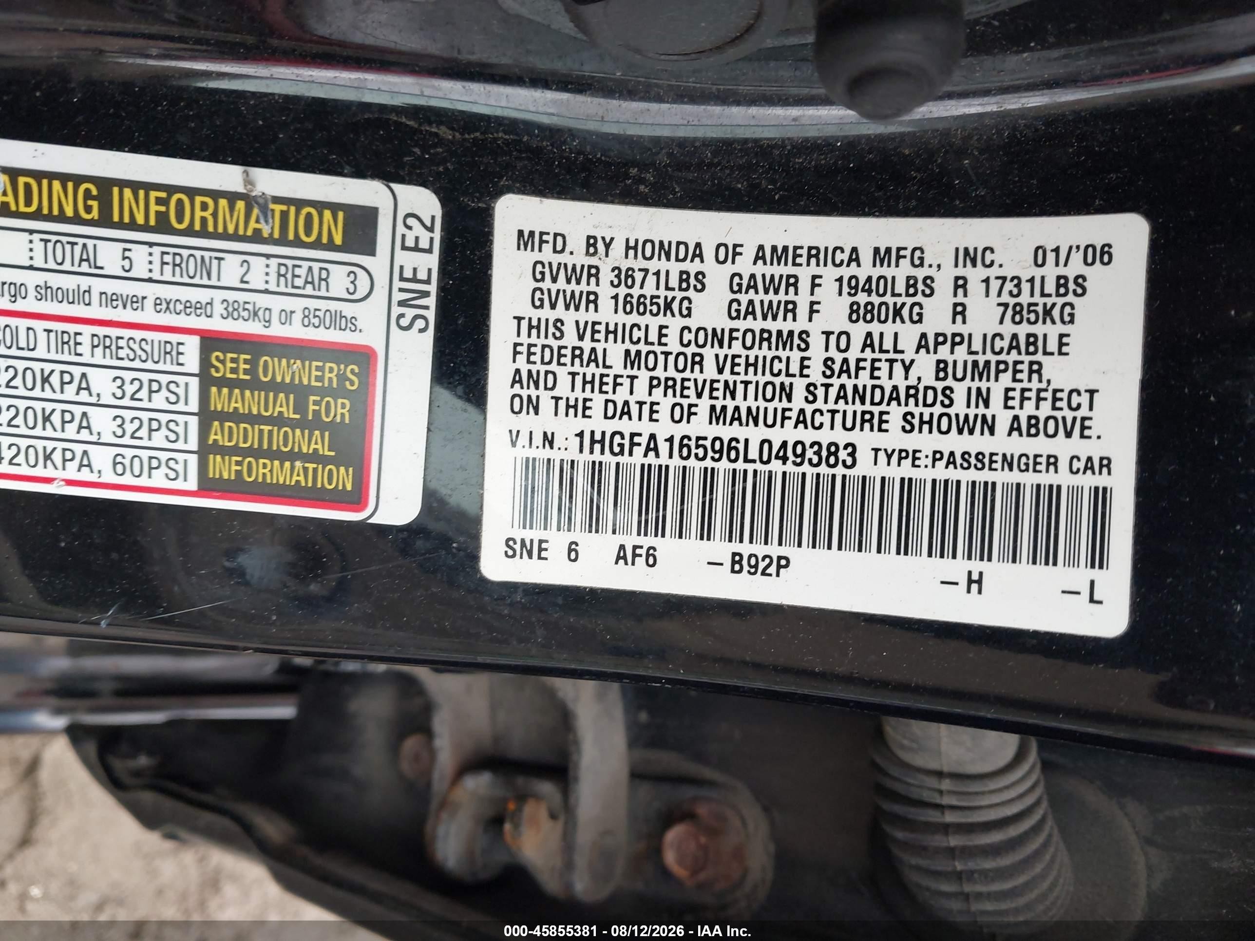2006 Honda Civic Lx Black vin: 1HGFA16596L049383
