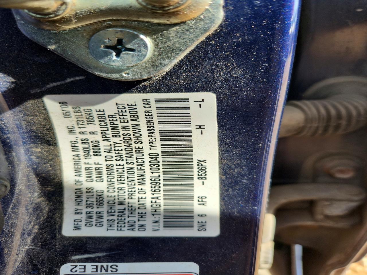2006 Honda Civic Lx Blue vin: 1HGFA16596L103040