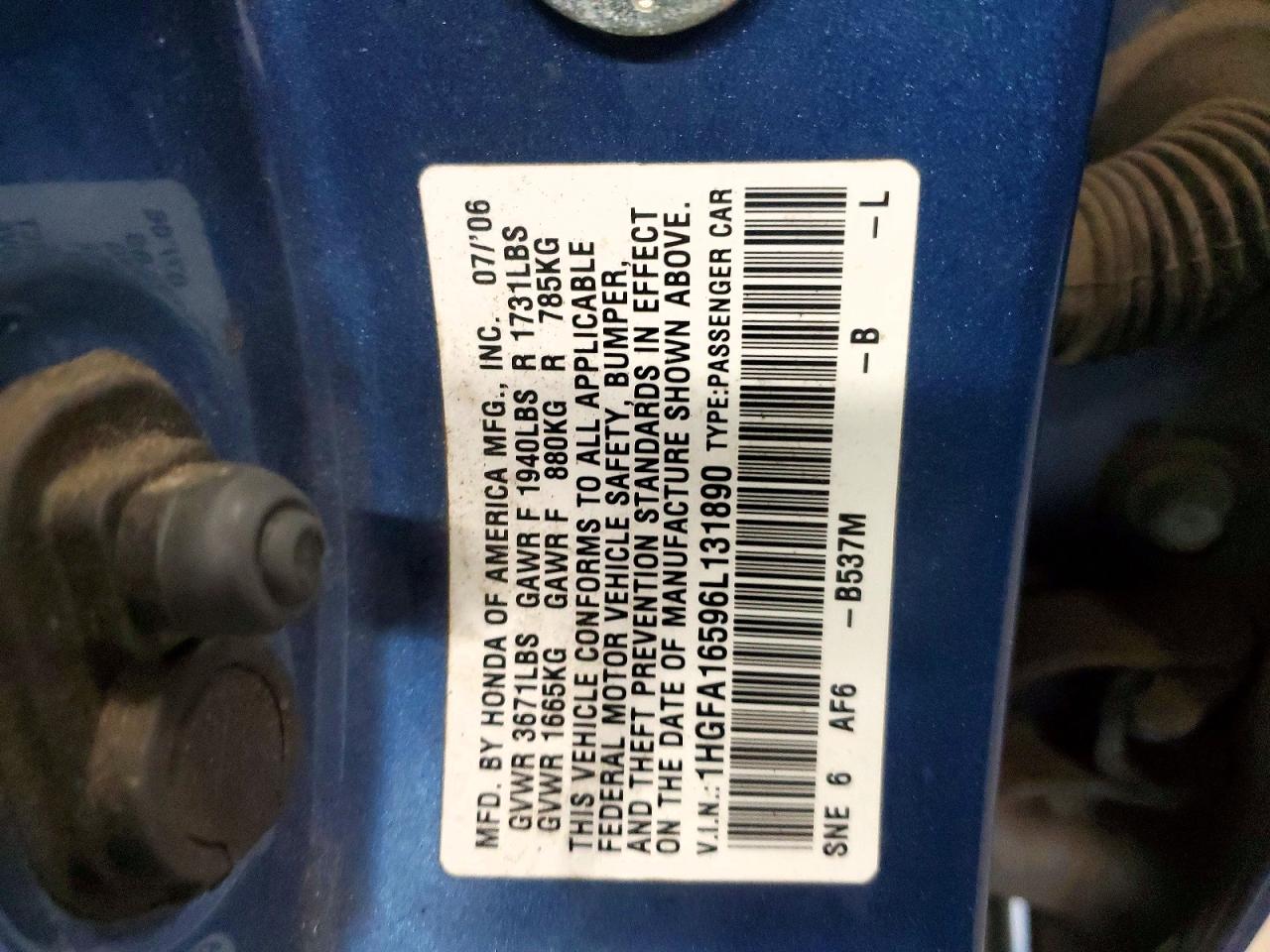 2006 Honda Civic Lx Blue vin: 1HGFA16596L131890