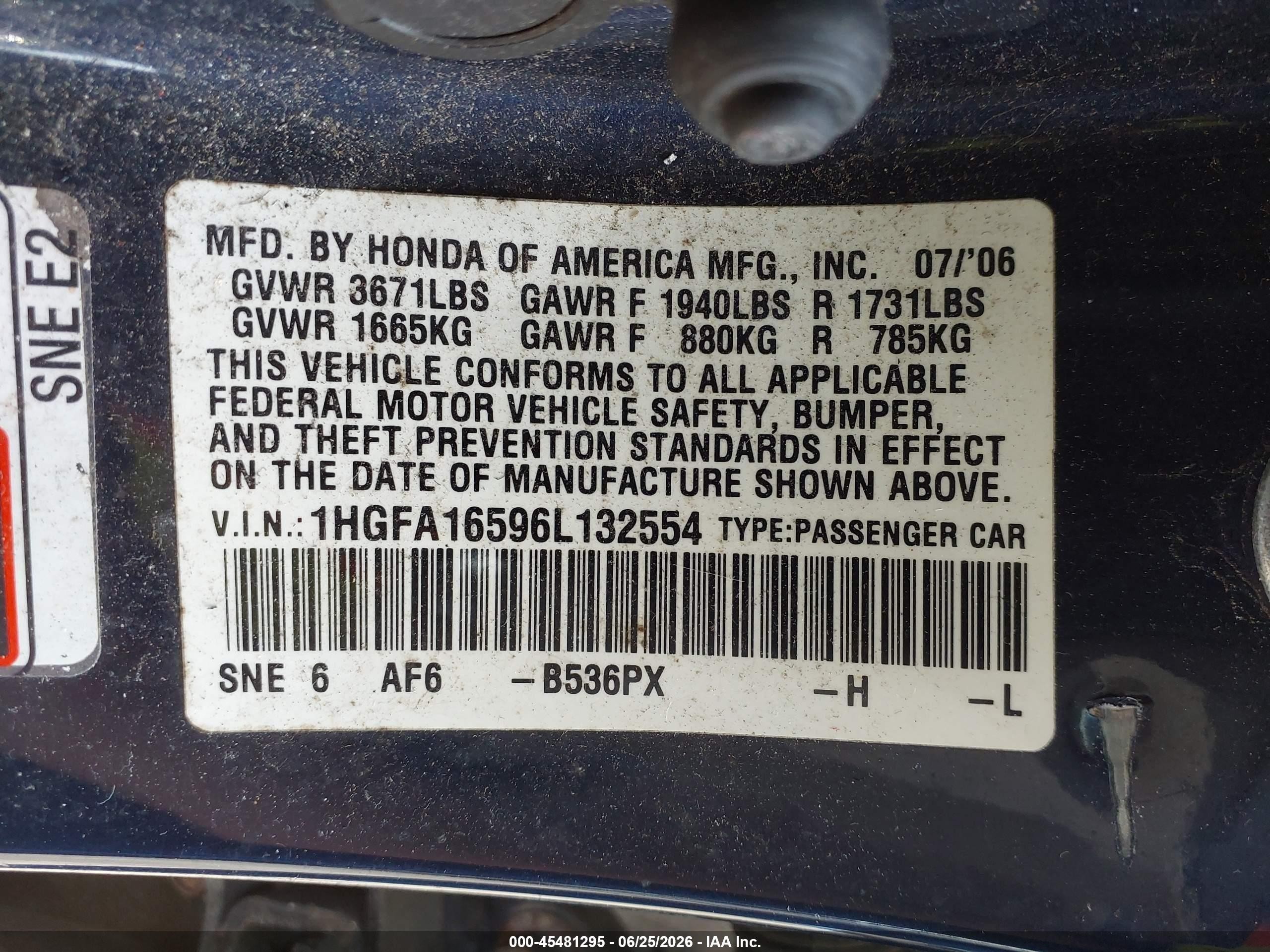 2006 Honda Civic Lx Blue vin: 1HGFA16596L132554