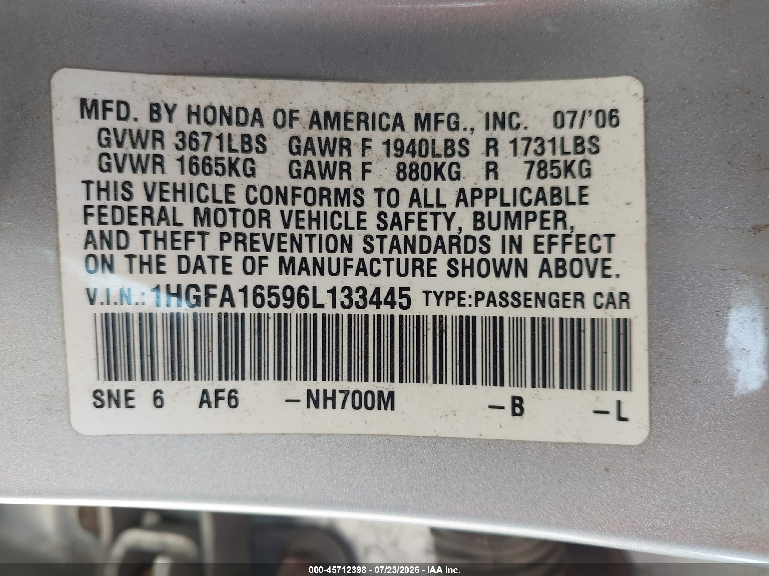 2006 Honda Civic Lx Silver vin: 1HGFA16596L133445