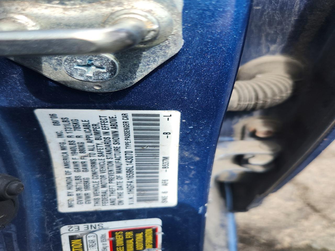 2006 Honda Civic Lx Blue vin: 1HGFA16596L143070