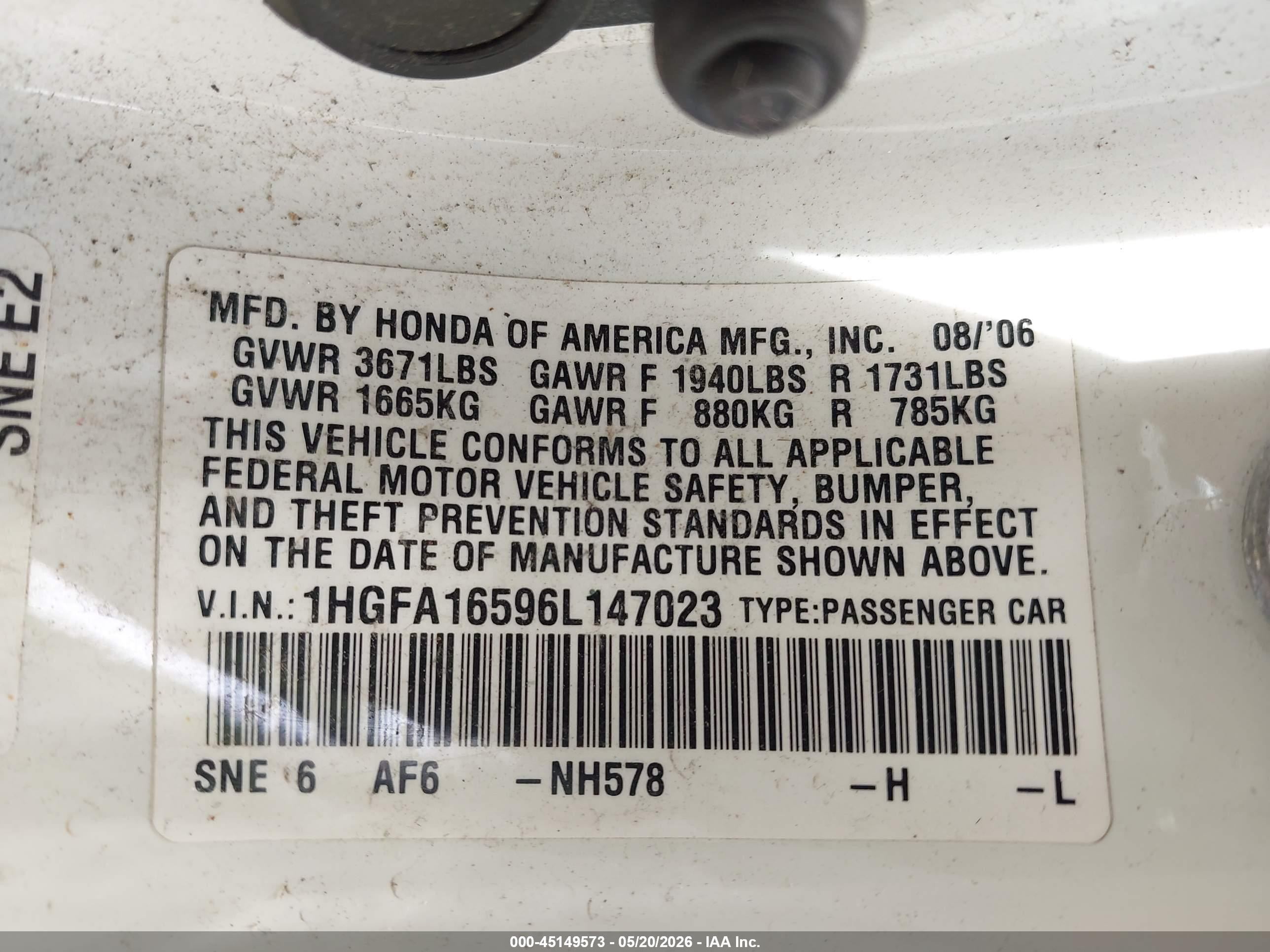 2006 Honda Civic Lx Белый vin: 1HGFA16596L147023