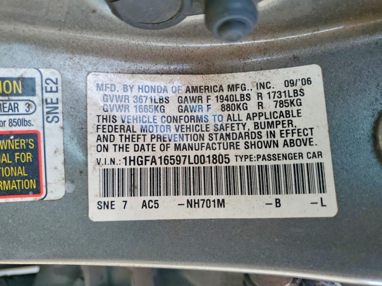 2007 Honda Civic Lx Gray vin: 1HGFA16597L001805