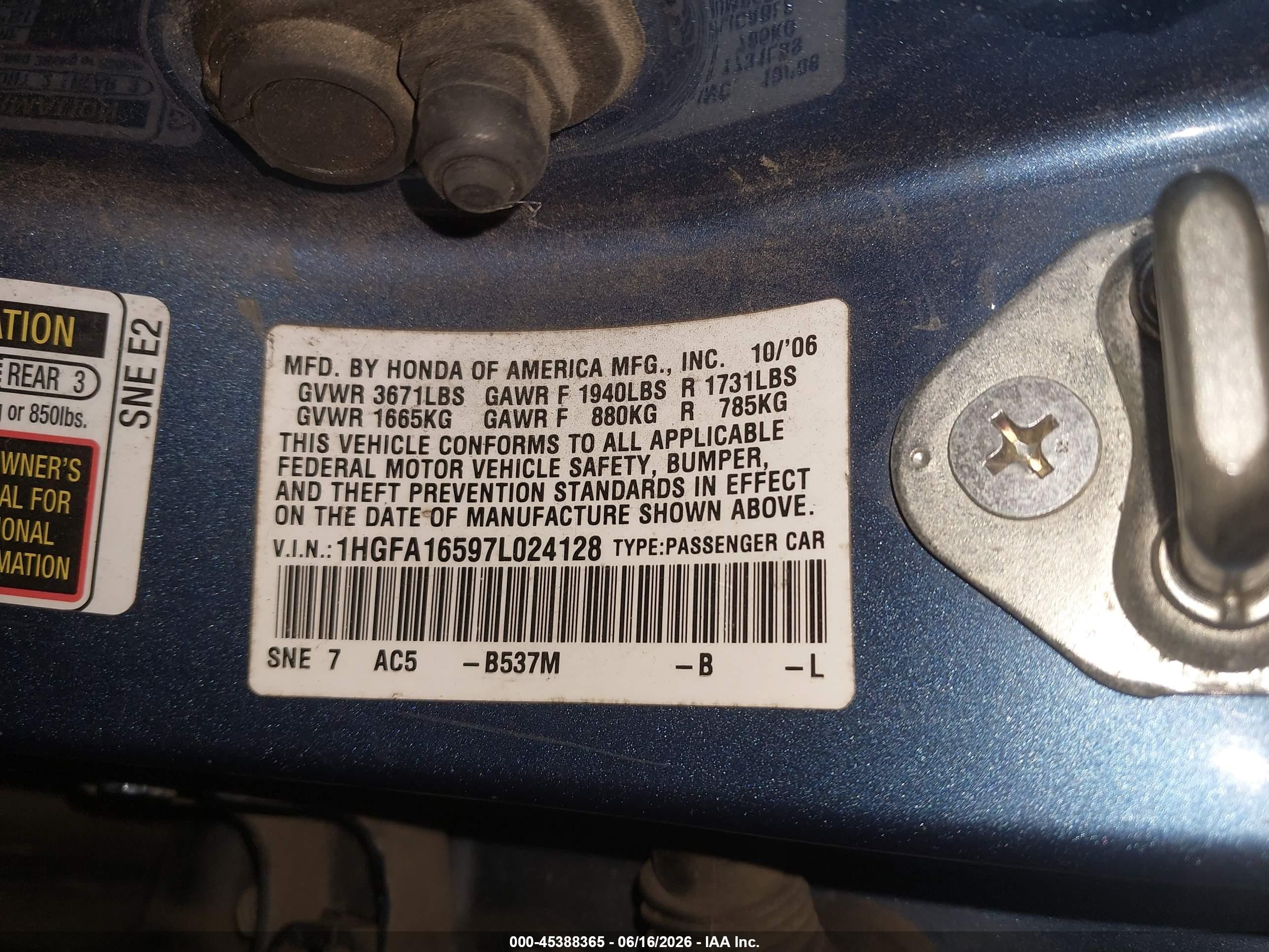 2007 Honda Civic Lx Blue vin: 1HGFA16597L024128