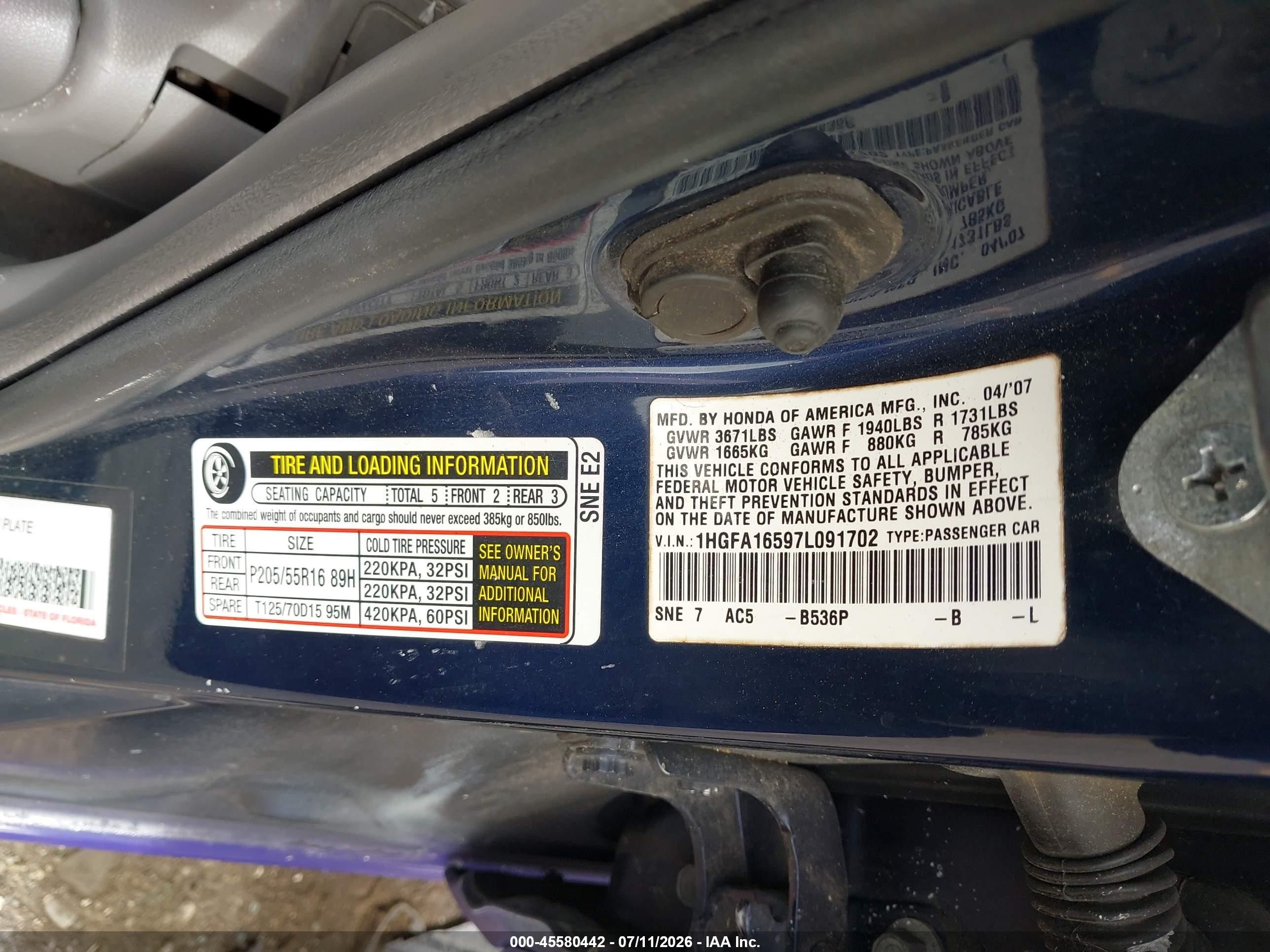 2007 Honda Civic Lx Purple vin: 1HGFA16597L091702