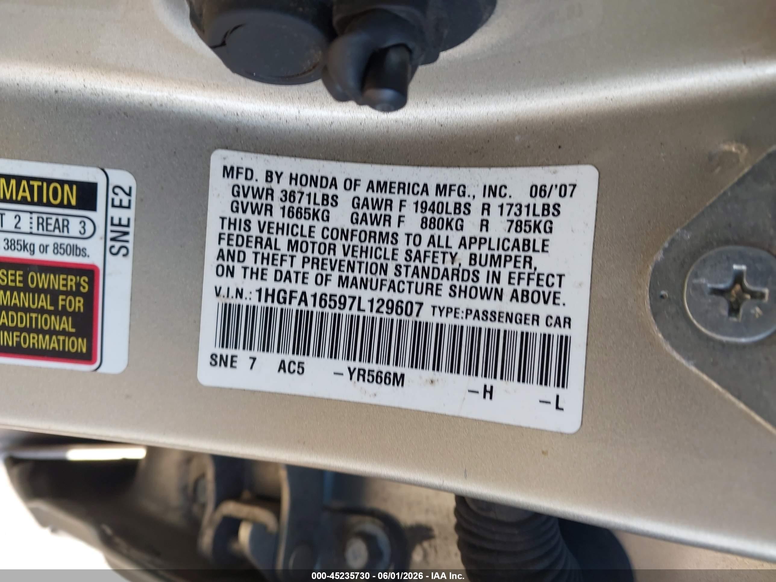 2007 Honda Civic Lx Gold vin: 1HGFA16597L129607