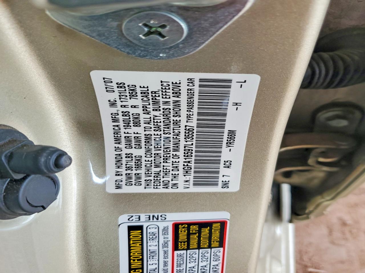 2007 Honda Civic Lx Gold vin: 1HGFA16597L135567